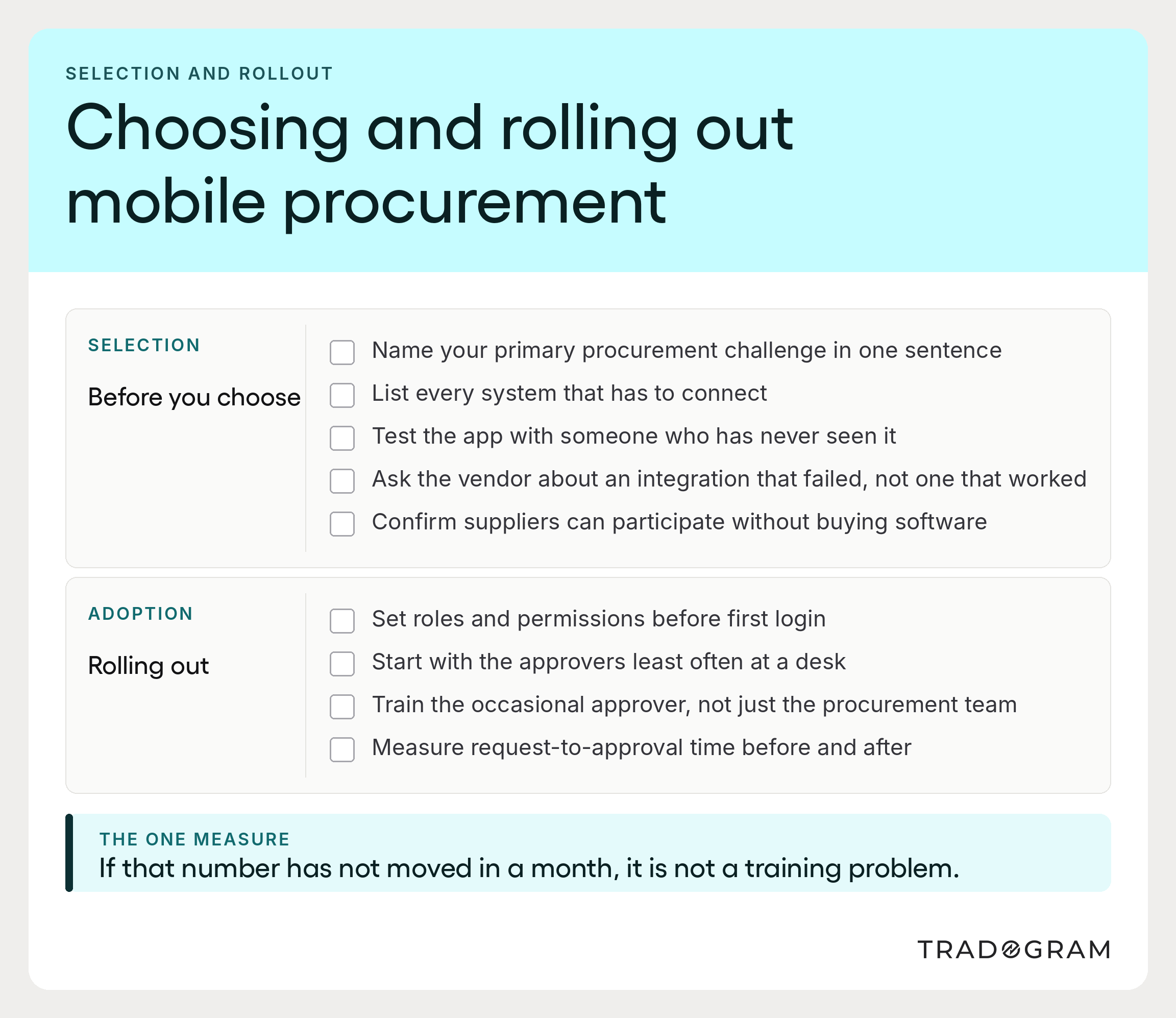 Printable checklist covering mobile procurement platform selection criteria and rollout steps, including integration scoping and adoption measurement.