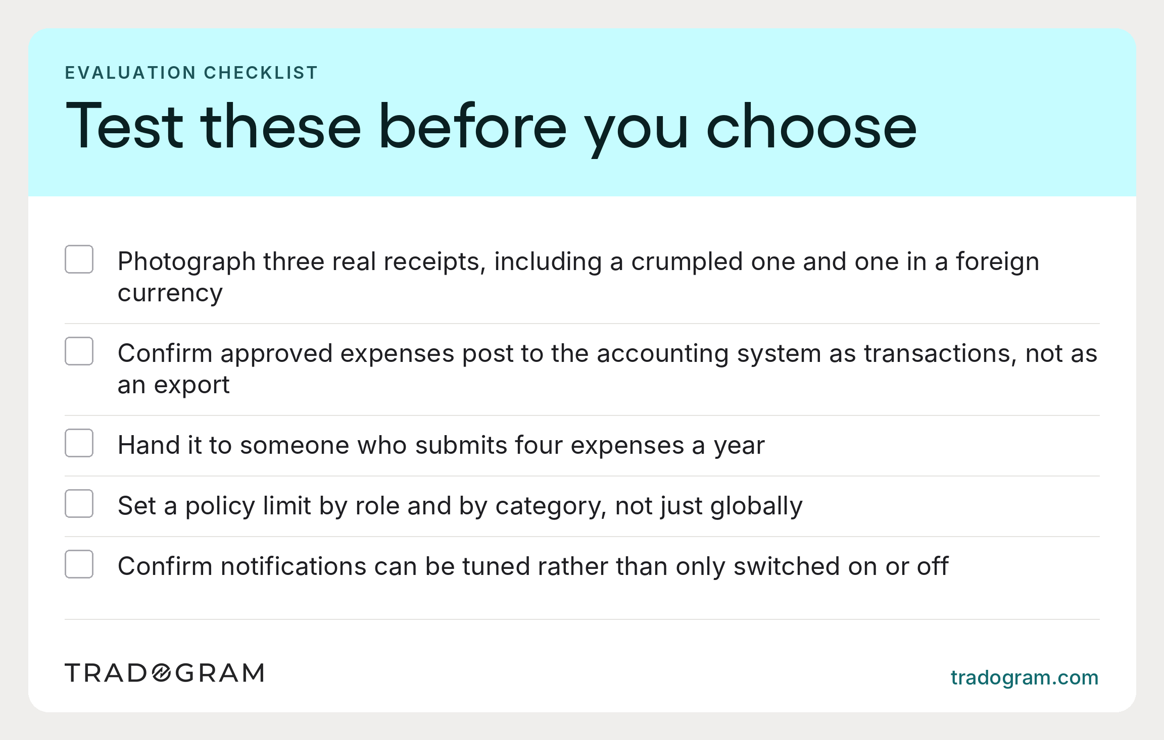 Five-item checklist for evaluating mobile expense management apps.