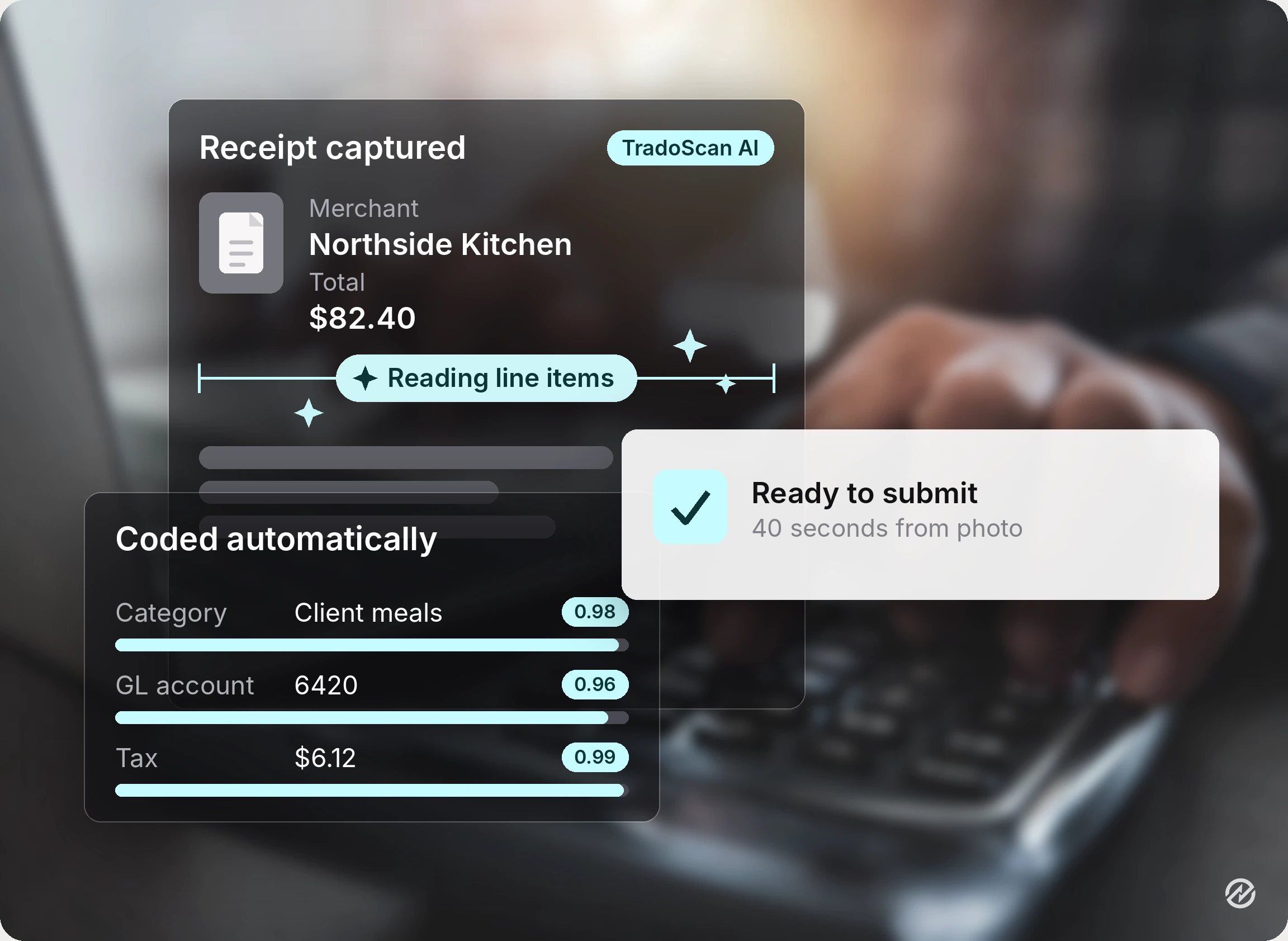 An image representing TradoScan AI mobile receipt scanning capabilities and automatic classification of the data. 