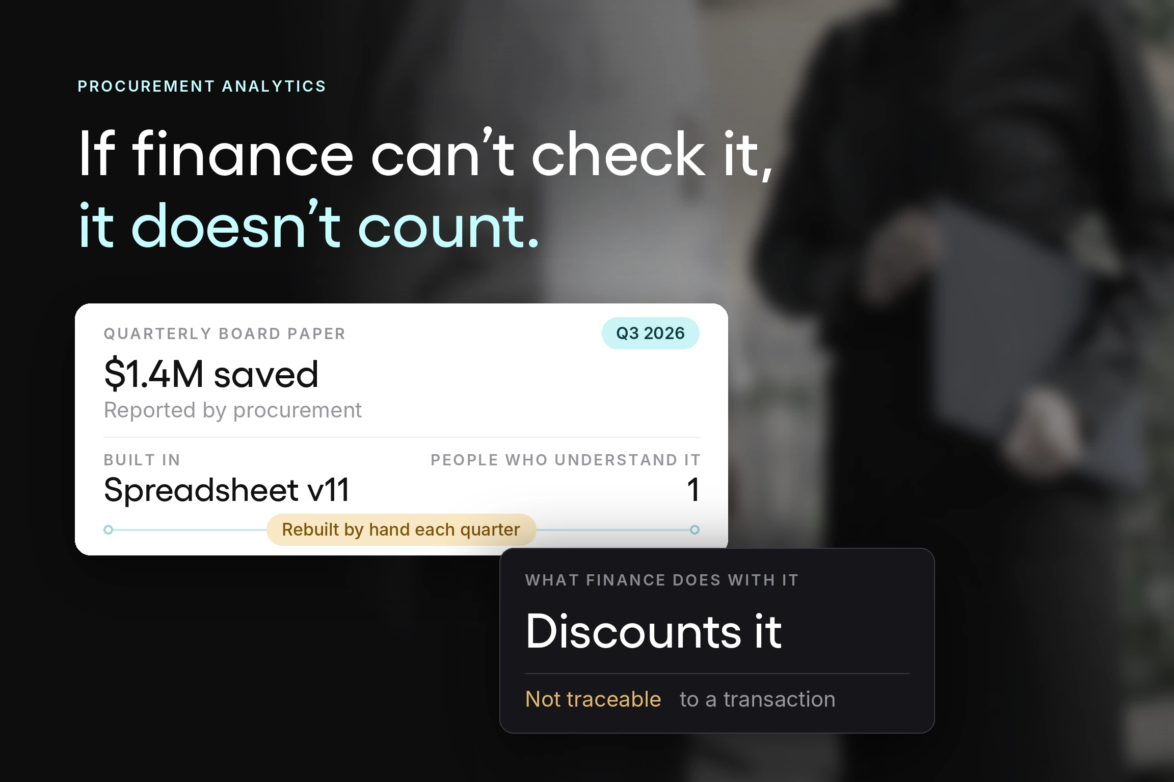 A procurement savings figure reported to the board that finance discounts because it cannot be traced to a transaction. 