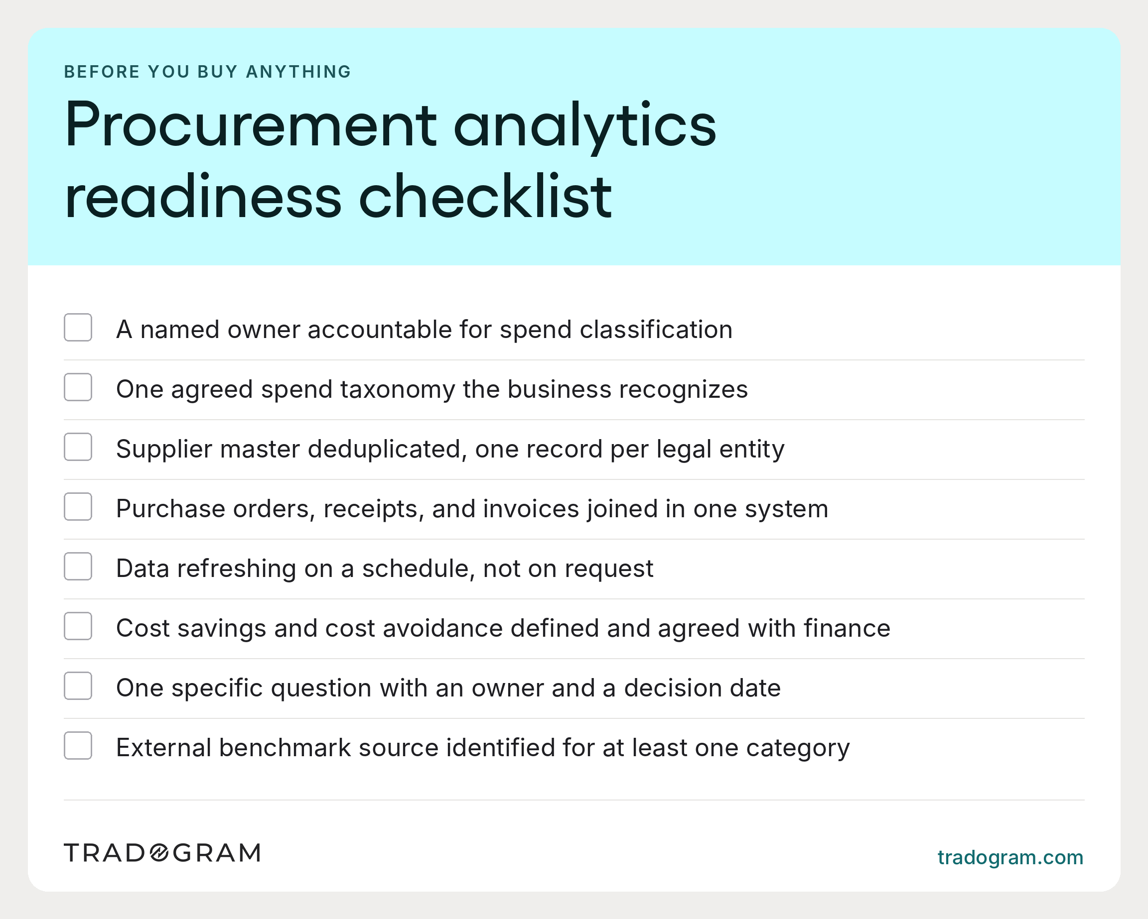 Eight-item readiness checklist covering data ownership, spend taxonomy, supplier records, system integration, refresh automation, savings definitions, and benchmarking.