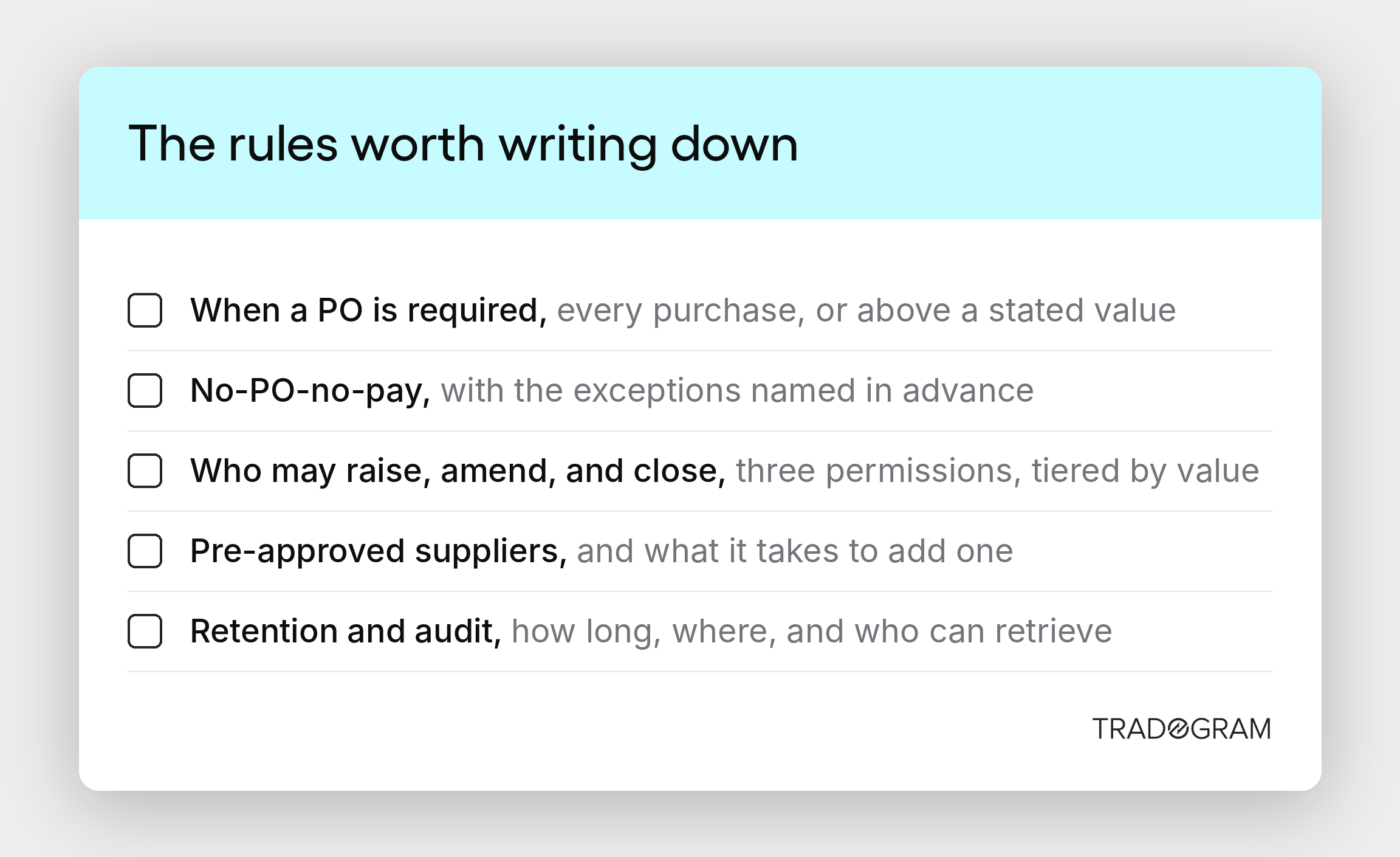 A checklist of the rules worth writing into a purchase order procedure, covering when a PO is required, no-PO-no-pay, permissions, pre-approved suppliers, and retention.