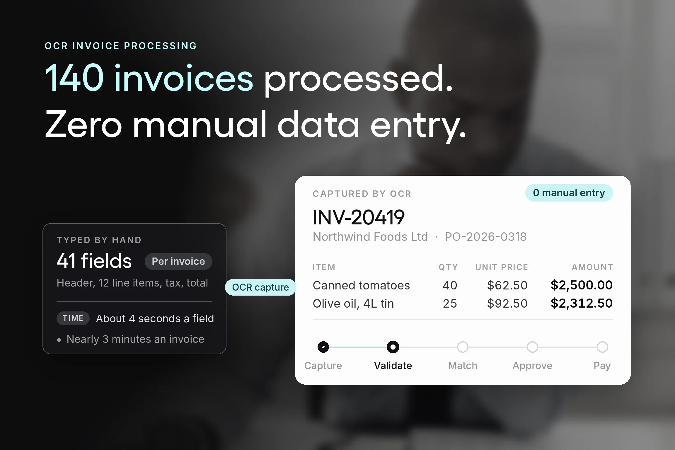An invoice keyed by hand in 41 fields beside the same invoice captured by OCR with no manual entry, with three process stages still ahead.
