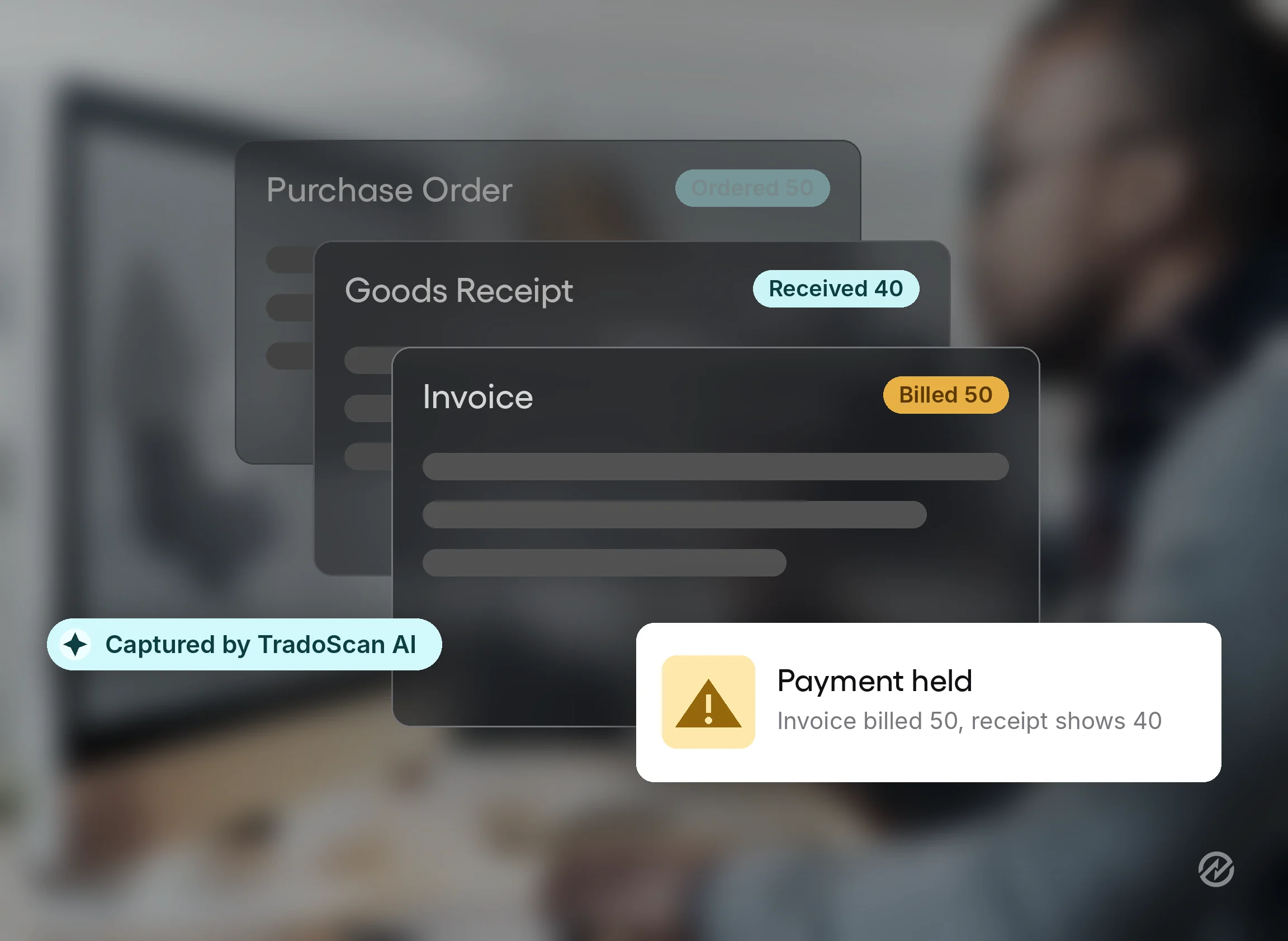 Tradogram invoice record flagged as a PO mismatch, with payment held until the exception is resolved.