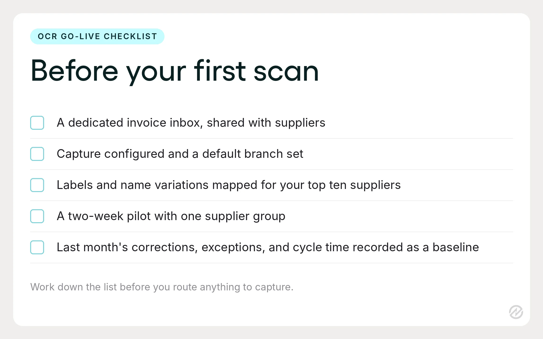 Five-step checklist for going live with OCR invoice processing, from a dedicated invoice inbox to recording a baseline.