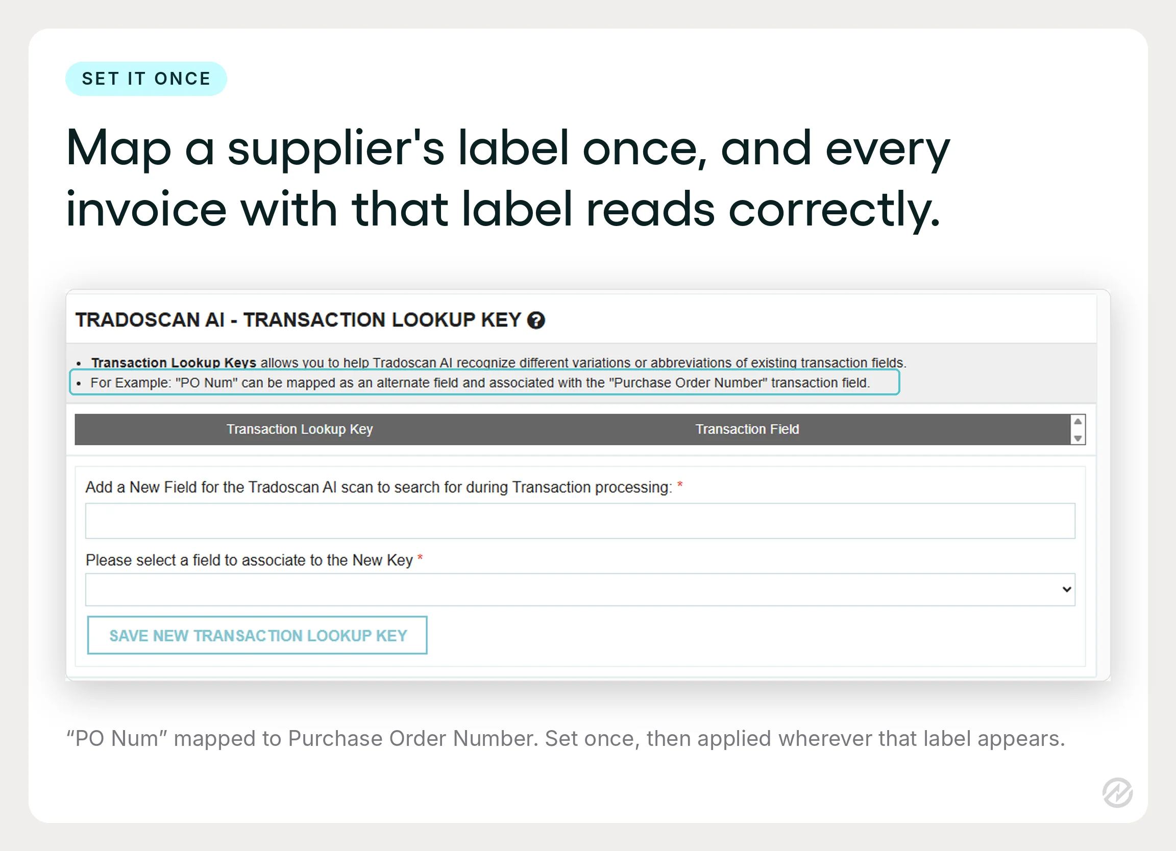 TradoScan AI Transaction Lookup Key screen mapping an alternate invoice label to a Tradogram field.
