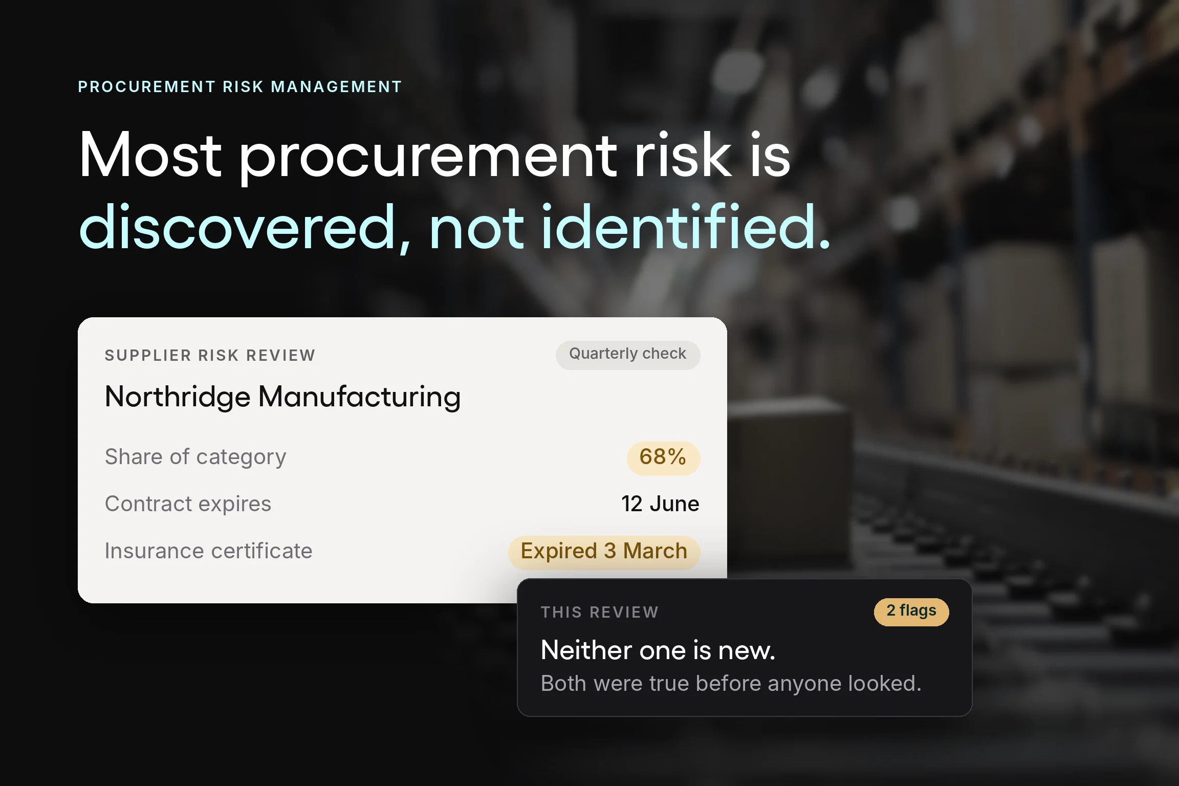 A quarterly supplier risk review flagging category concentration and an expired insurance certificate on an existing supplier record.