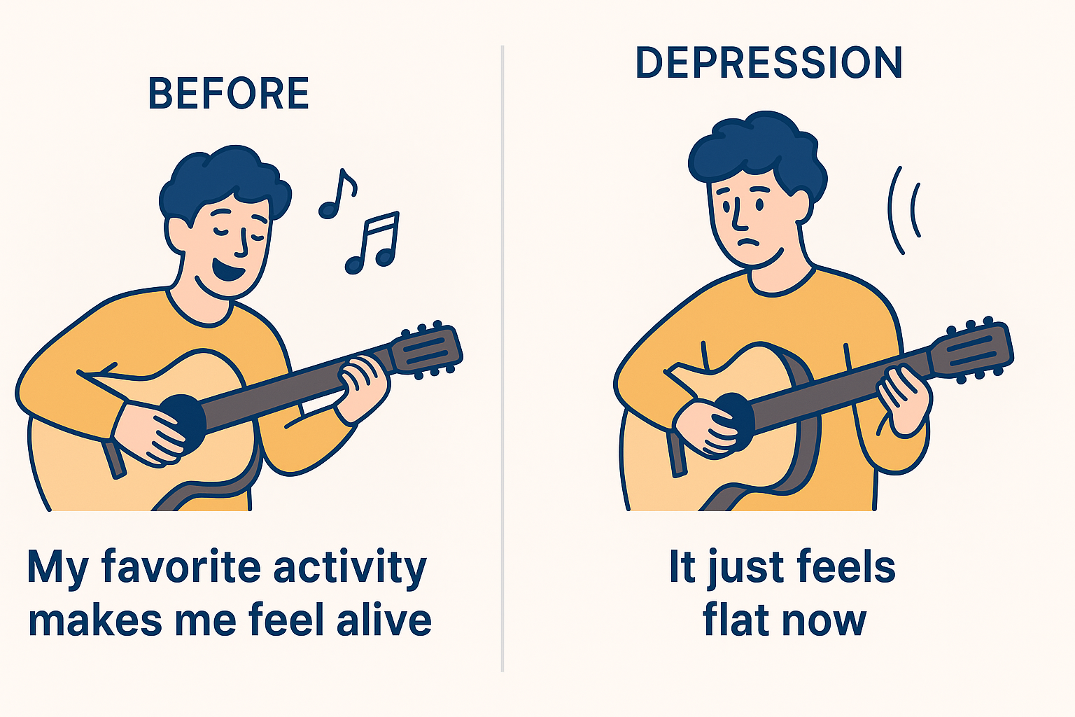 Side-by-side illustration showing the same person engaging in a once-enjoyed activity—smiling and energized on one side, disengaged and joyless on the other—highlighting the symptom of anhedonia in depression.