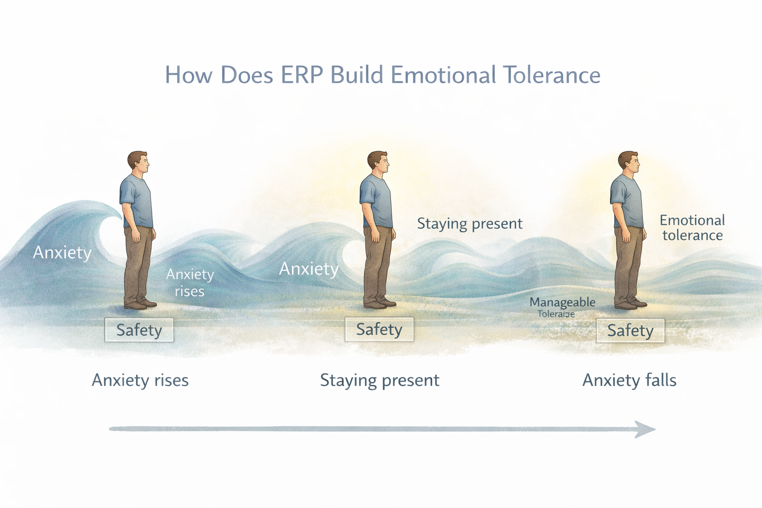 Three-panel diagram showing how ERP builds emotional tolerance over time: anxiety rises around a person standing safely, the person stays present as anxiety waves soften, and anxiety becomes more manageable as emotional tolerance increases while safety remains constant.