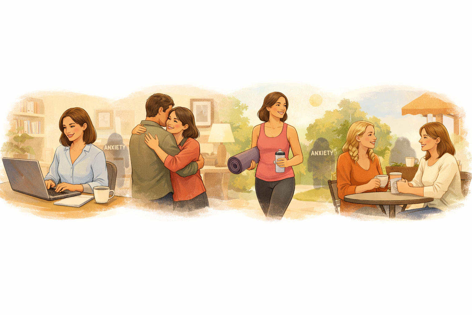 Illustrated scene showing a person moving through everyday life with anxiety present but manageable, including working on a laptop, sharing a hug, walking confidently with a bag, and talking with a friend at a café, representing continued engagement in life despite anxiety.