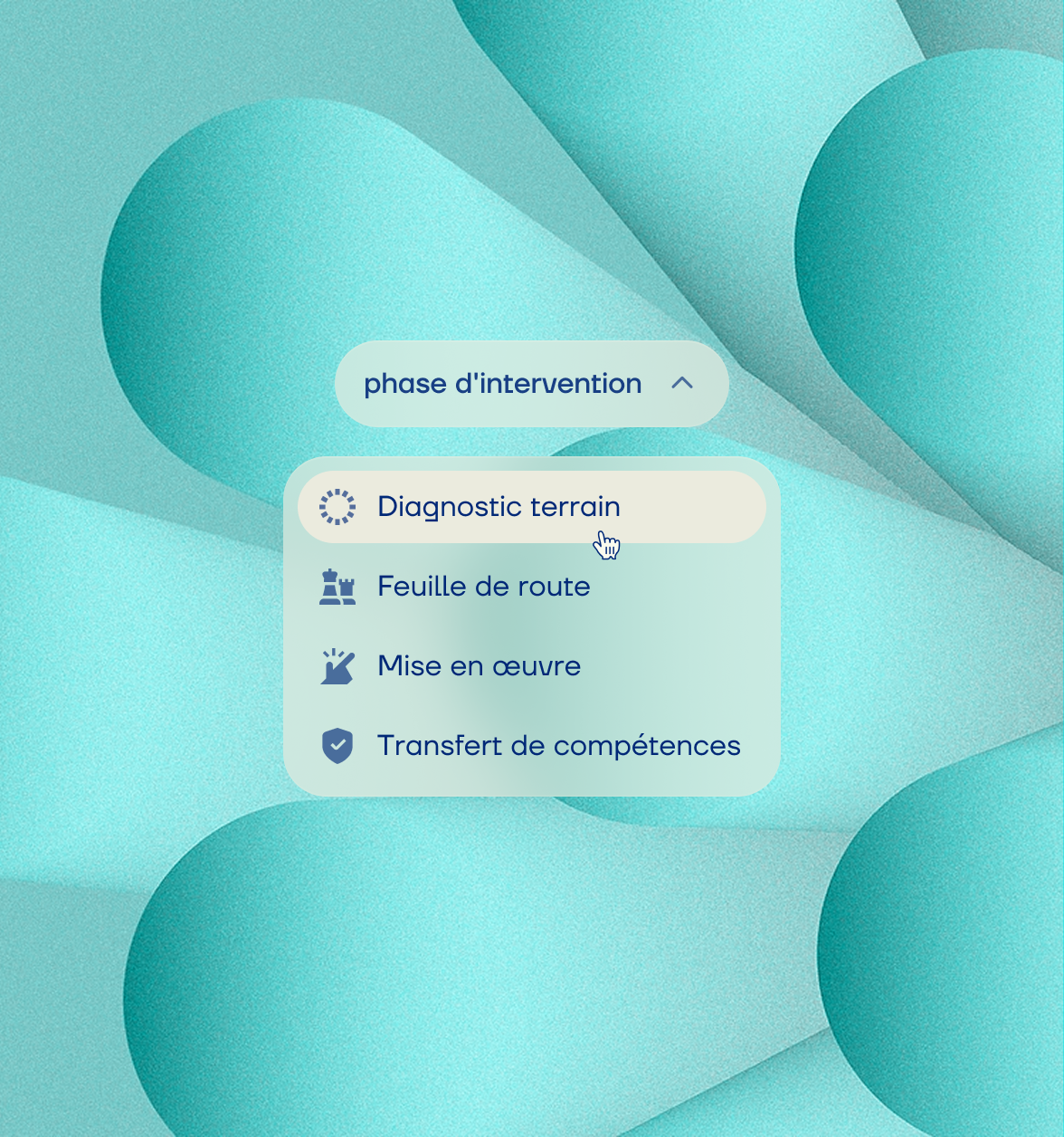 Menu déroulant présentant les 4 phases d'intervention d'Eighty : diagnostic terrain, feuille de route, mise en œuvre, transfert de compétences