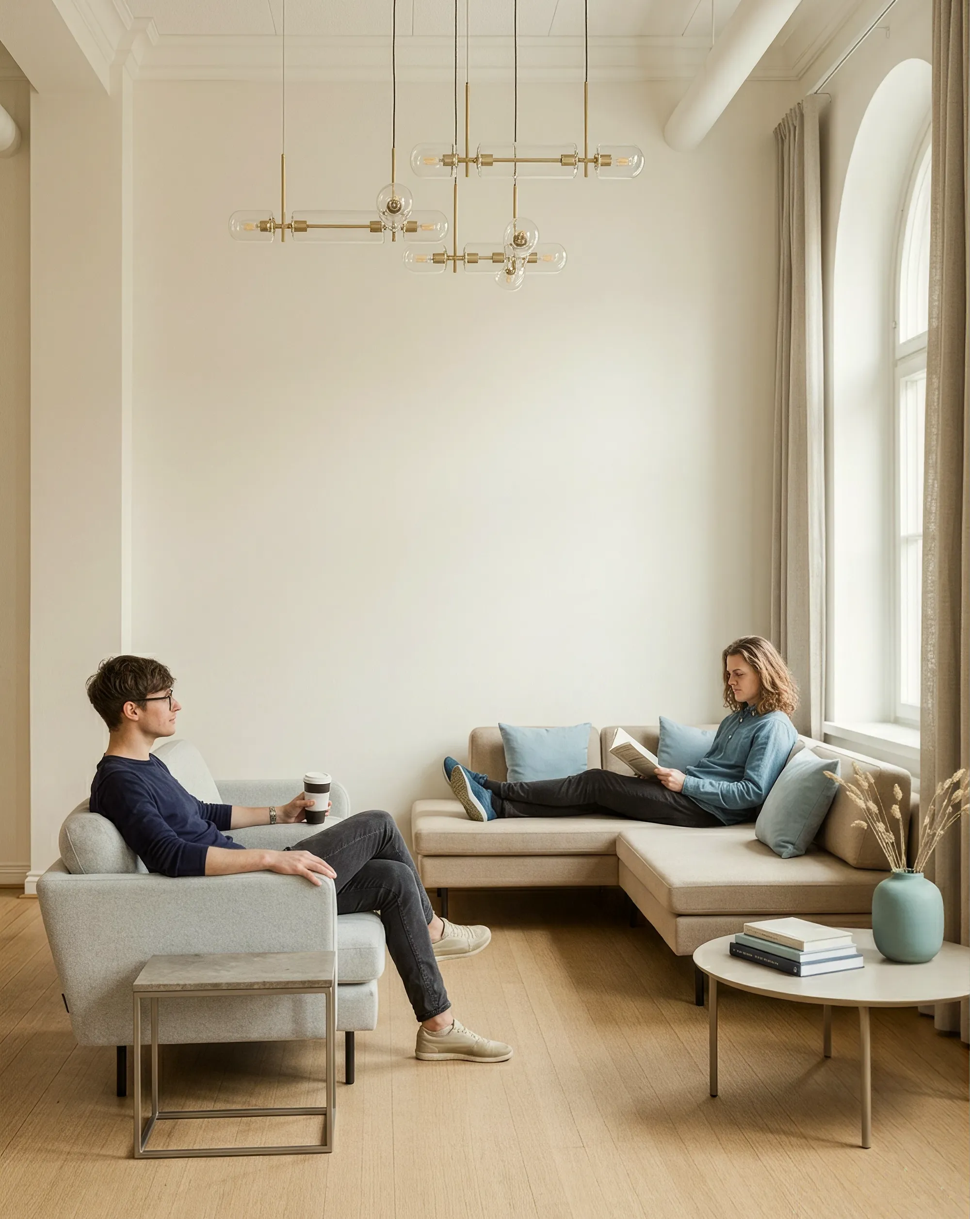 Deux hommes dans un salon moderne: l’un lit un livre sur un canapé, l’autre tient une tasse assis dans un fauteuil.