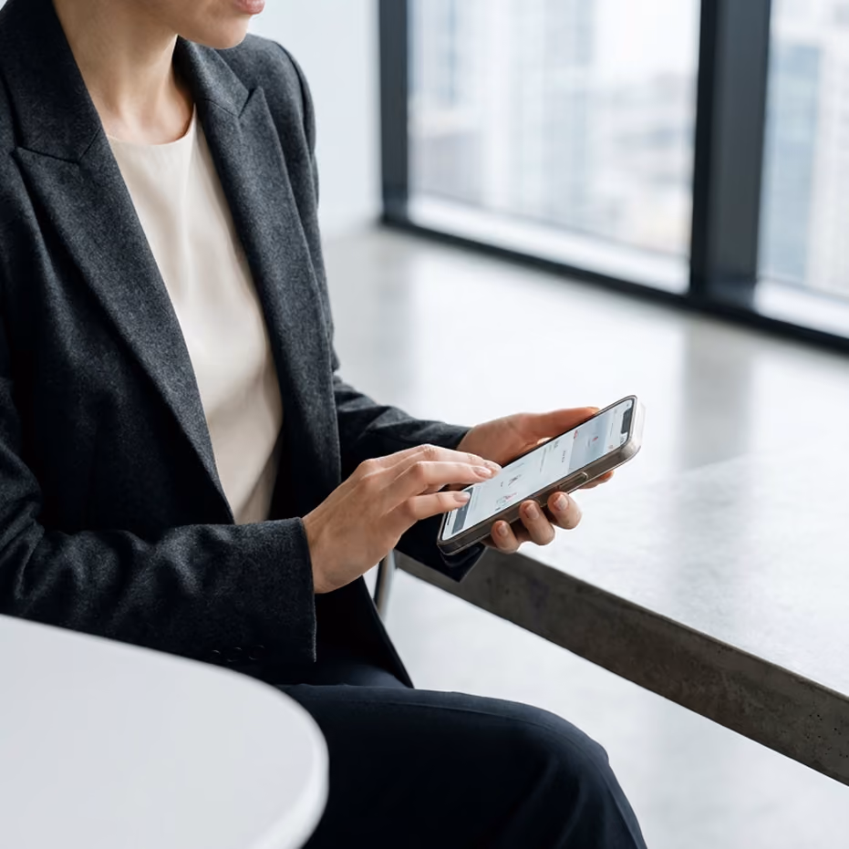 Femme en costume consultant une application sur smartphone dans un espace de bureau