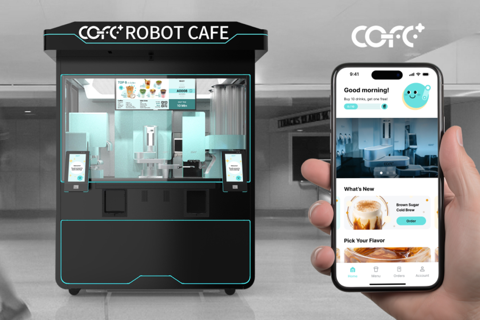 COFE+ kiosk with the management app on a phone