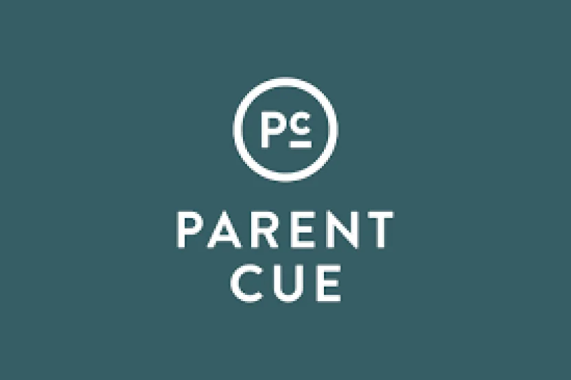 Parent Cue logo with stylized PC letters inside a circle above the text on a dark teal background.
