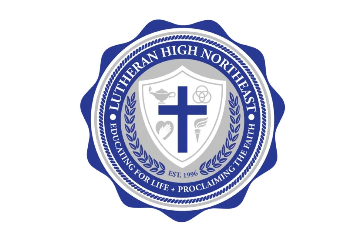 Blue and white Lutheran High Northeast seal with a cross, torch, lamp, praying hands, and text.
