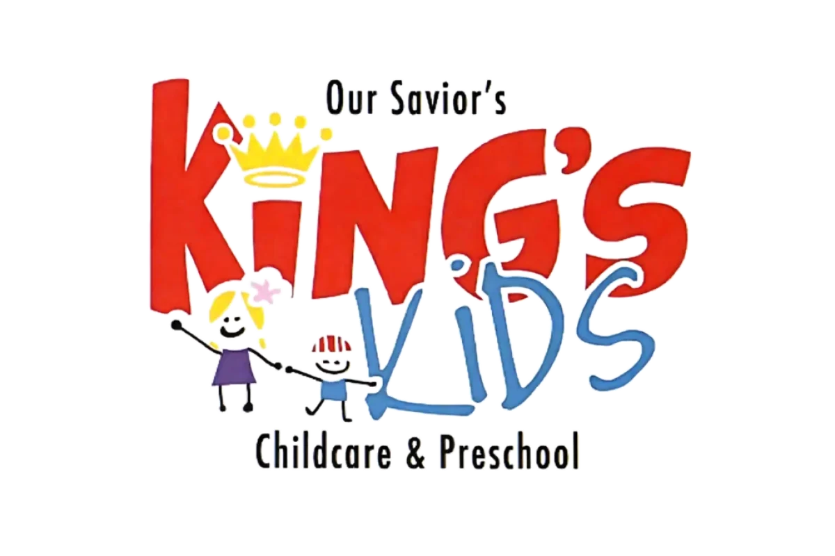 Our Savior’s Kings Kids Childcare & Preschool logo with stylized red, blue letters and drawing of two children.