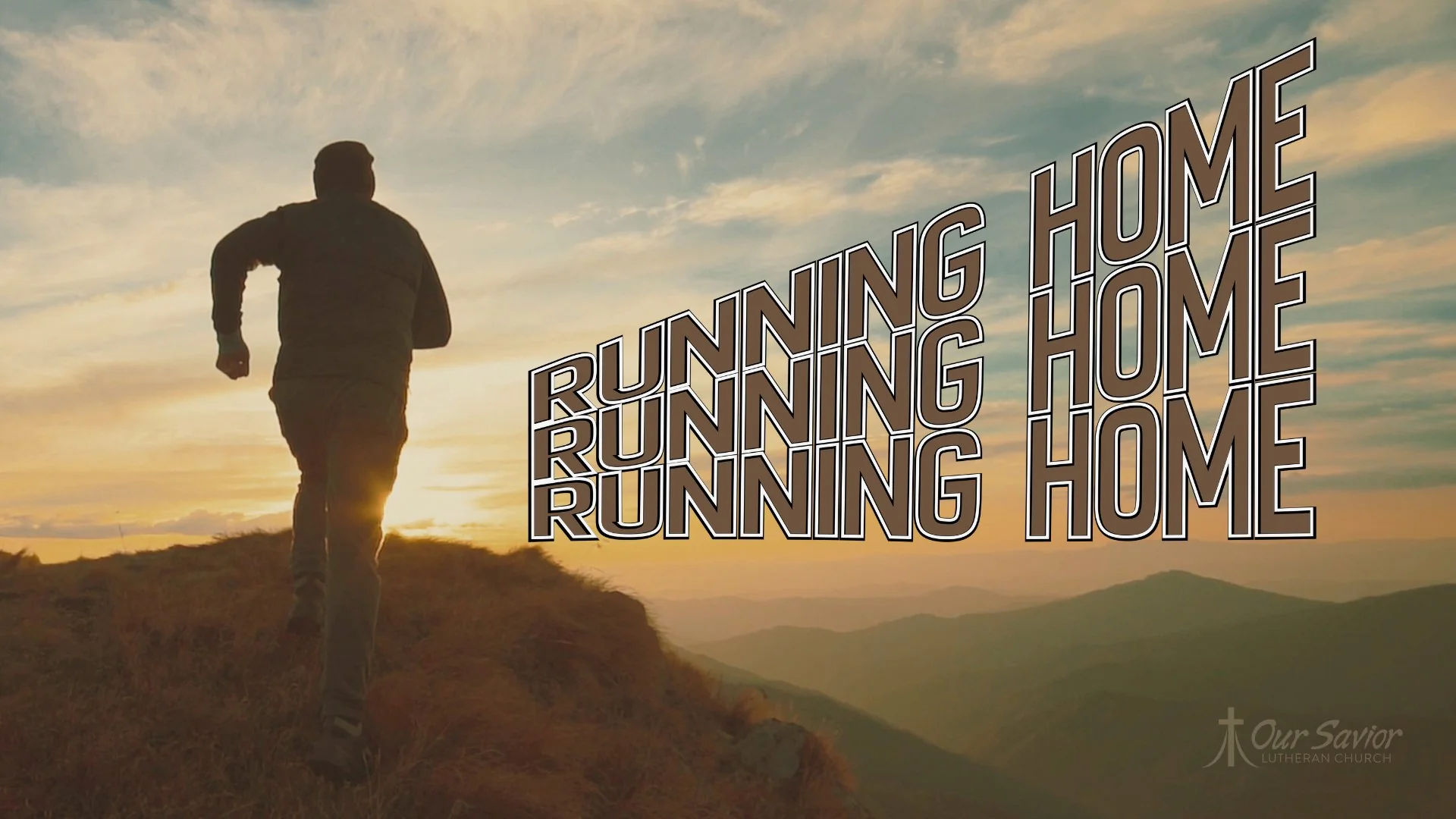 Running Home sermon series title over a person running along a mountain ridge at sunset.