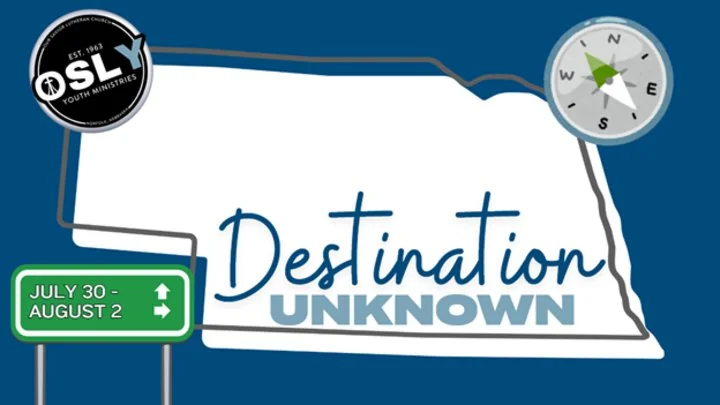 Destination Unknown youth trip graphic with a Nebraska outline, compass, and travel dates.