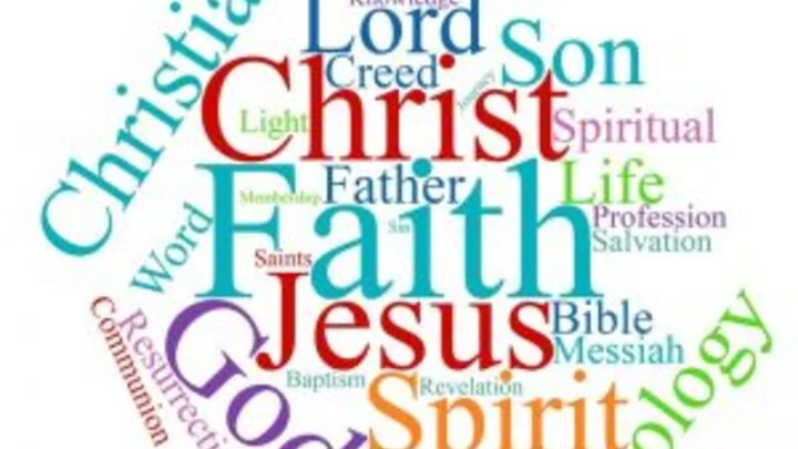 Colorful word cloud of Christian faith terms including Christ, Faith, Jesus, and Bible.