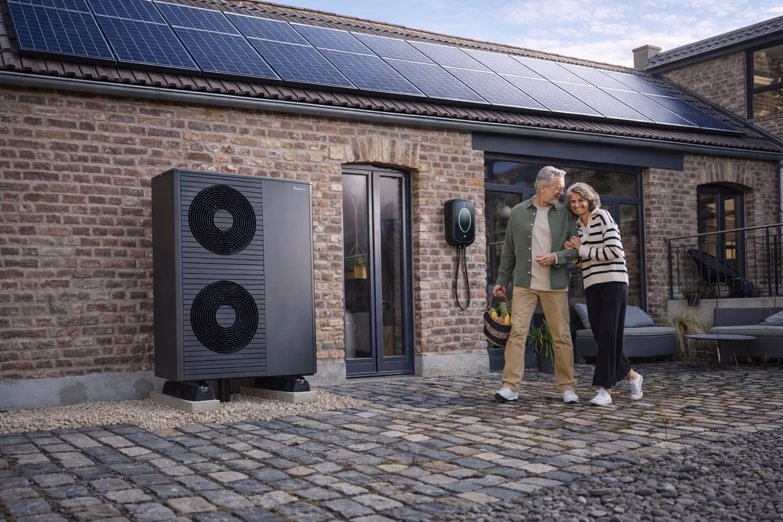 Vaillant Arotherm Wärmepumpe vor Backsteinhaus mit Wallbox und Ehepaar.