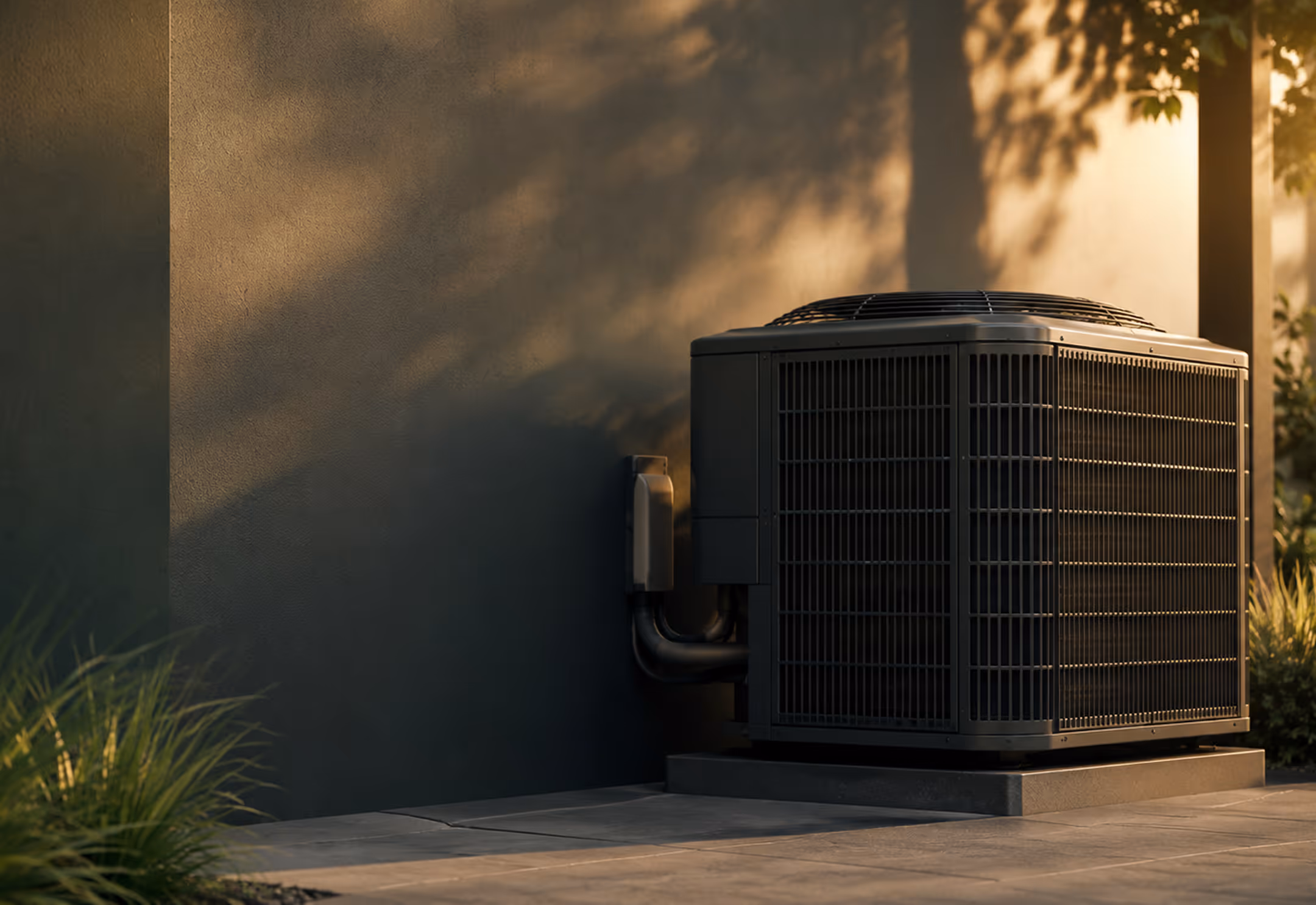 Outdoor air conditioning unit installed on concrete pad beside house wall under warm sunlight.