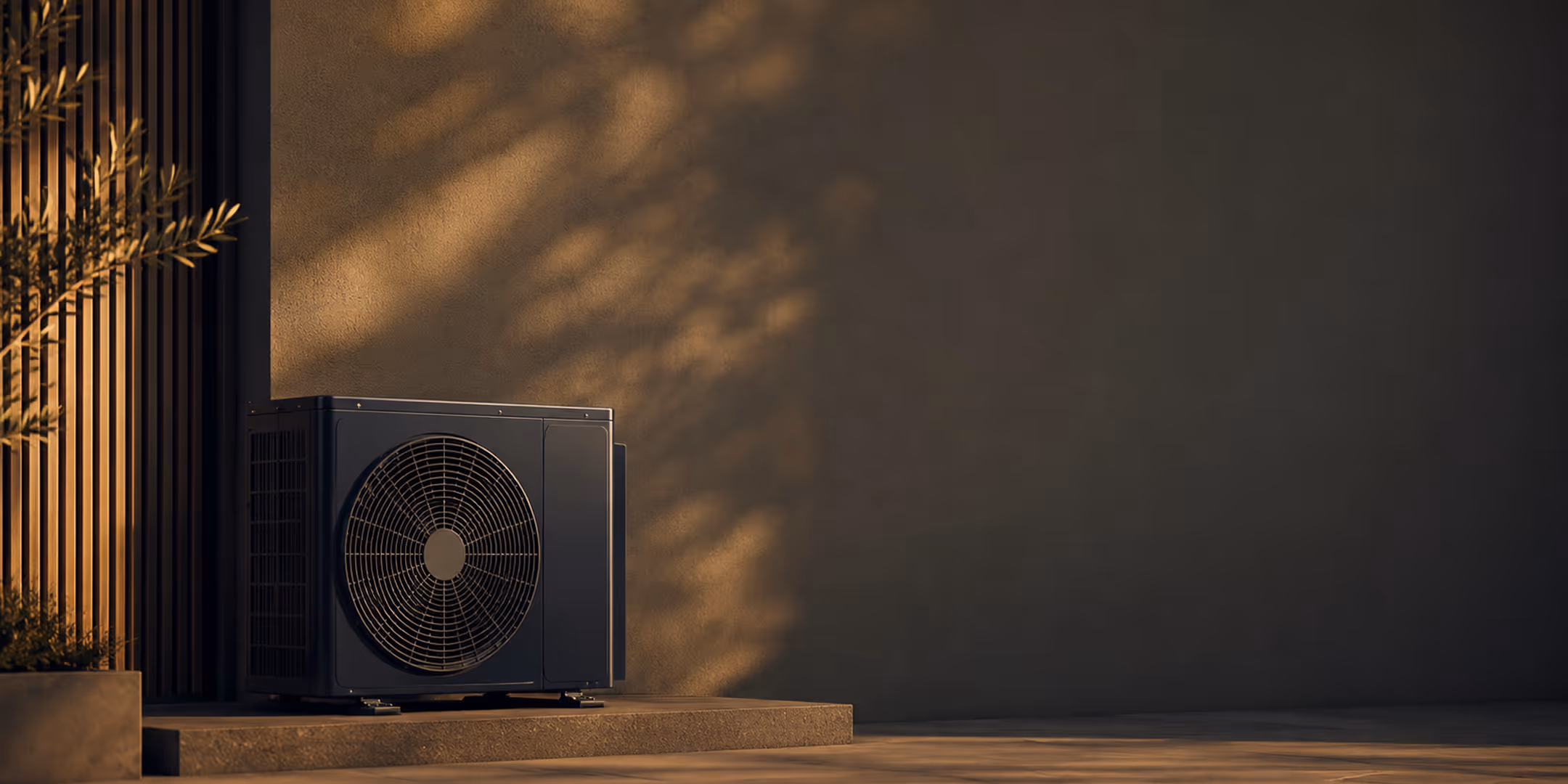 Outdoor air conditioning unit on a porch with shadows on a beige wall in warm light.