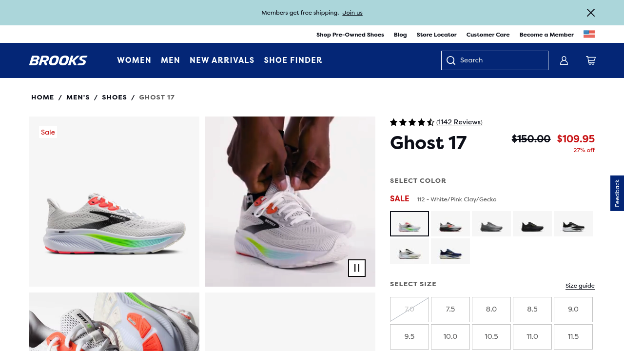 Screenshot of https://www.brooksrunning.com/en_us/mens/shoes/road-running-shoes/ghost-17/110442.html