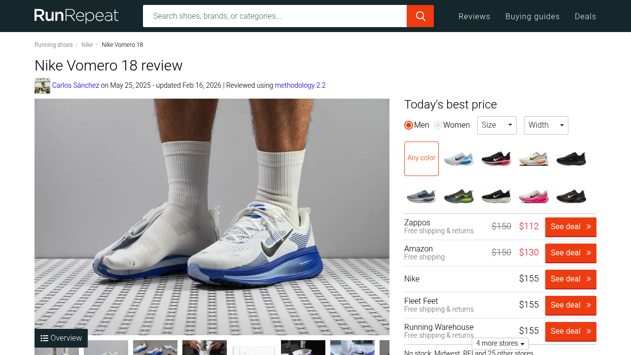 Screenshot of https://runrepeat.com/nike-vomero-18