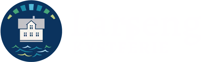 Logo with a white house on blue water inside a dark circle with green and blue blocks above.