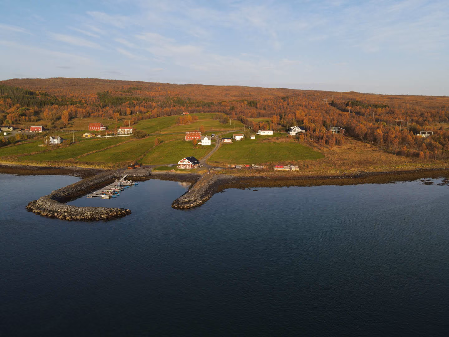 Small marina with boats by shore, green fields, houses, and autumn trees under a partly cloudy sky.