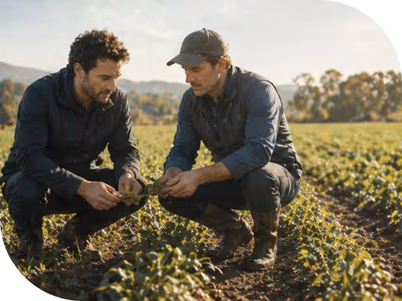 Two men crouched in a field examining green plants under sunlight.