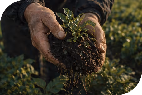 Hands holding small green plant with roots and soil in a garden or farm setting.