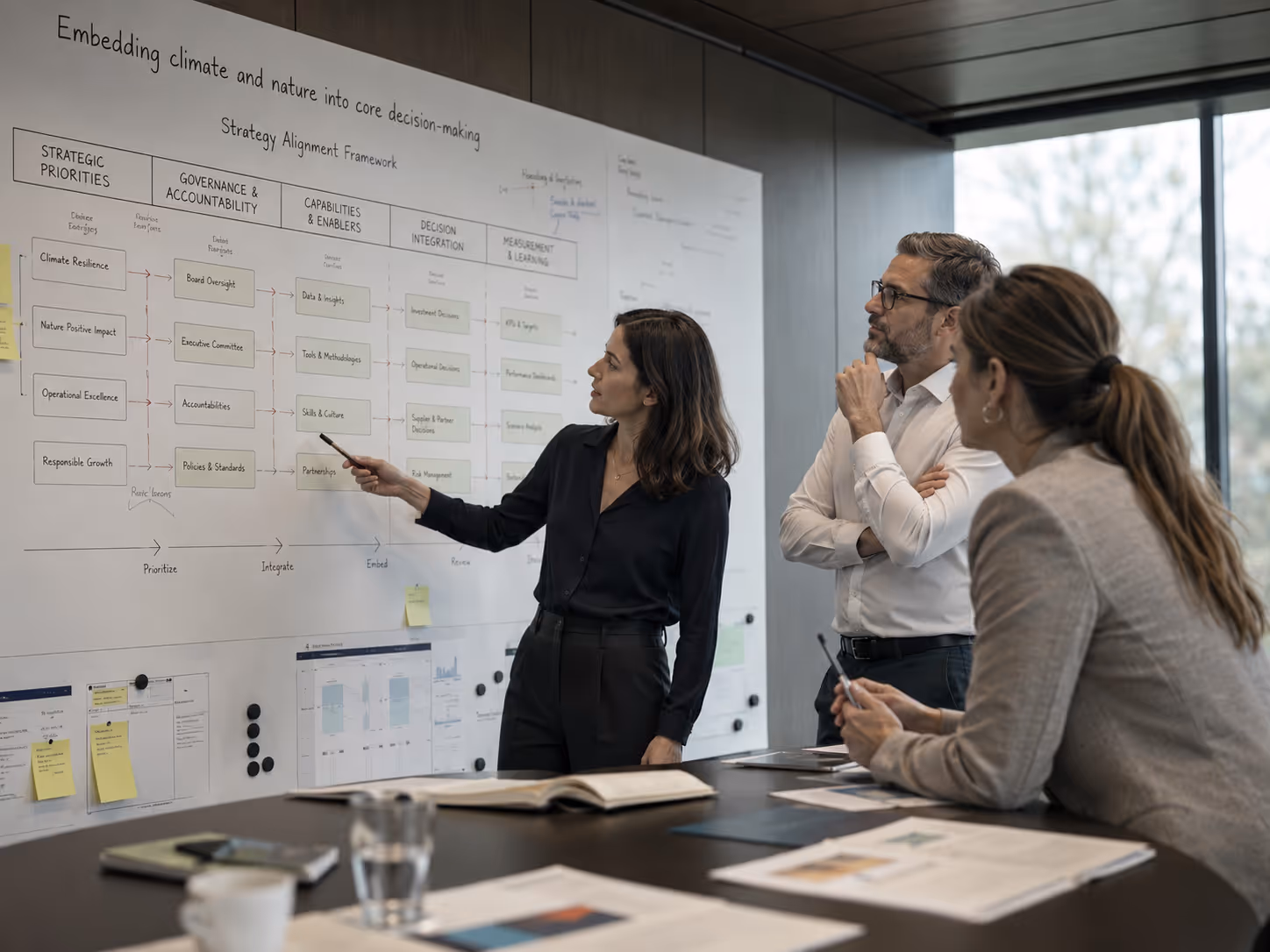 Three coworkers discuss a strategy alignment framework on a whiteboard in a modern office.