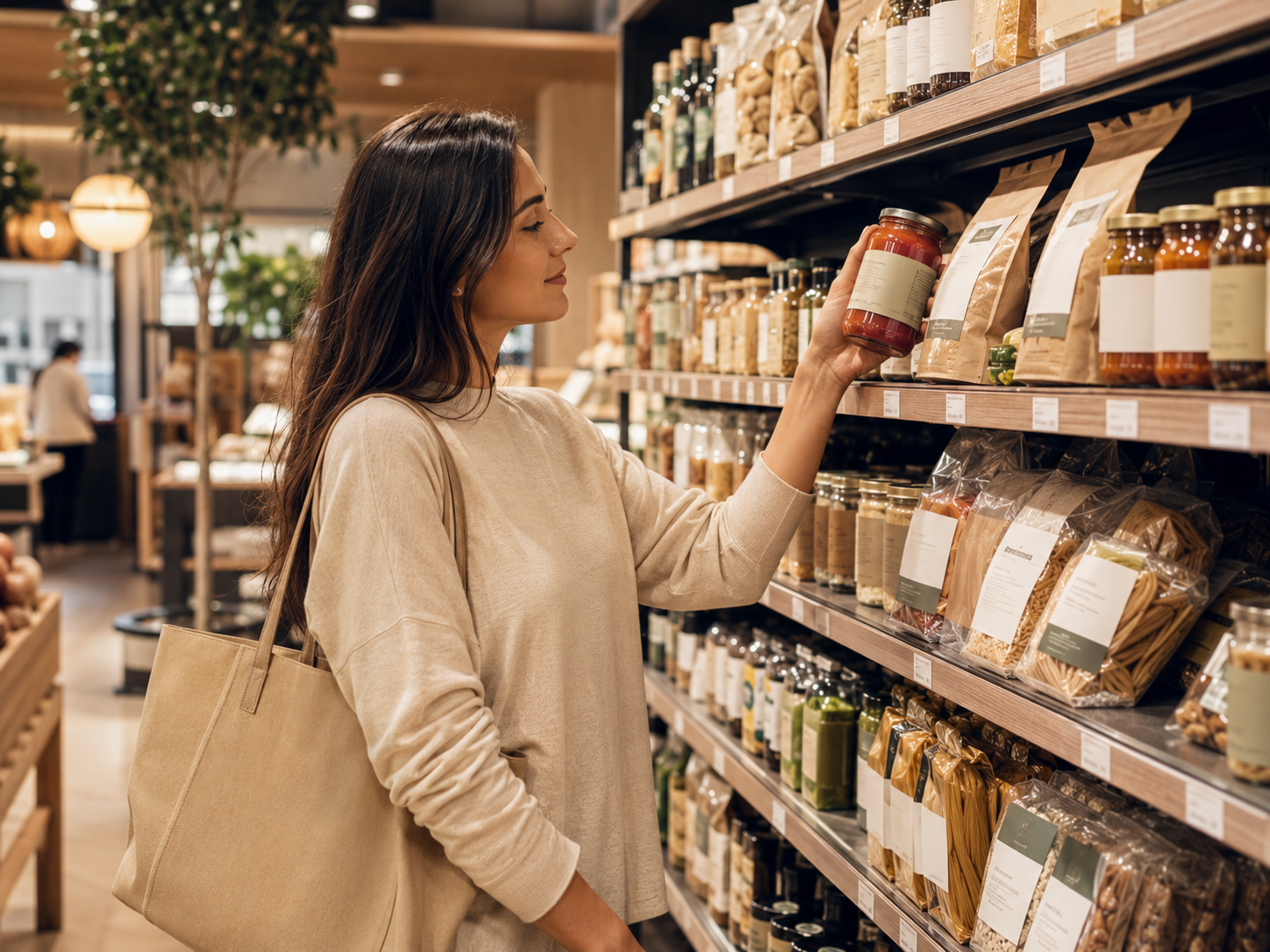 Woman in beige shirt with tote bag selecting a jar from shelves stocked with packaged foods.
