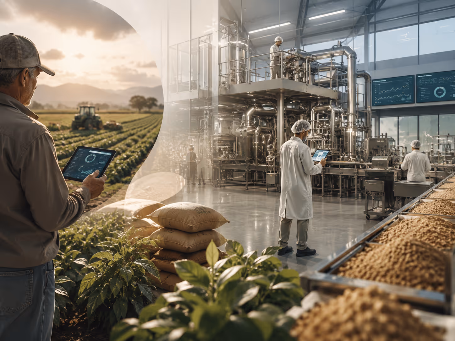 Agricultural worker and food factory staff use tablets to monitor crop and production line data digitally.