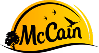 McCain brand name with birds flying over a yellow semi-circle sun logo.