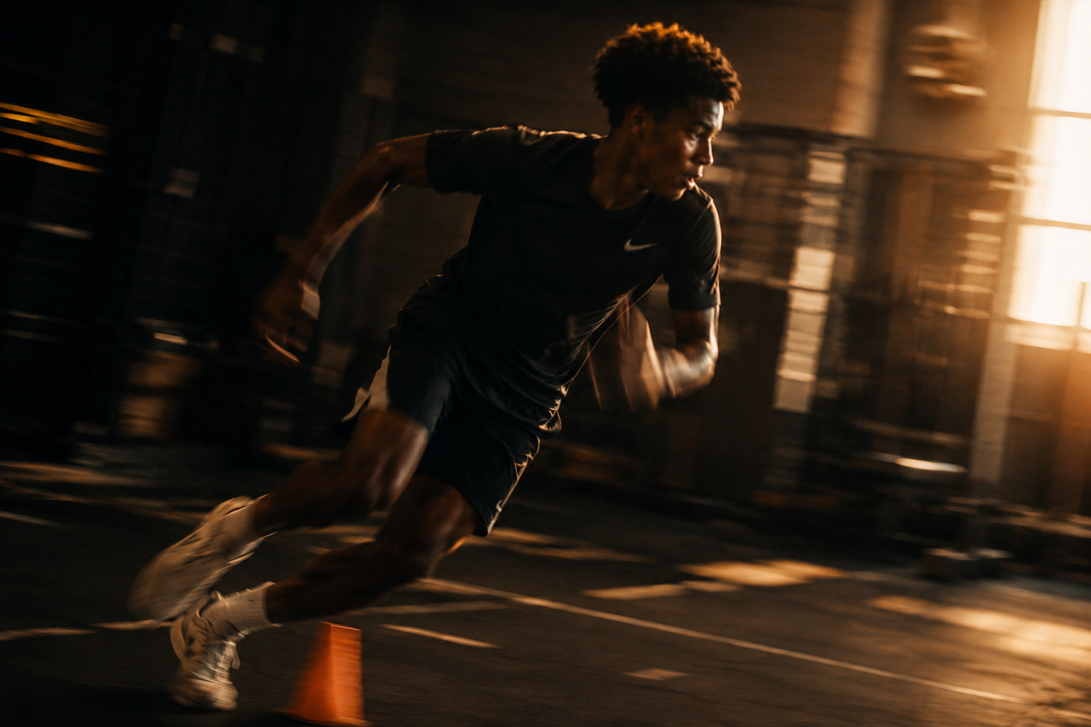 Young athlete accelerating through a sprint drill during performance training.