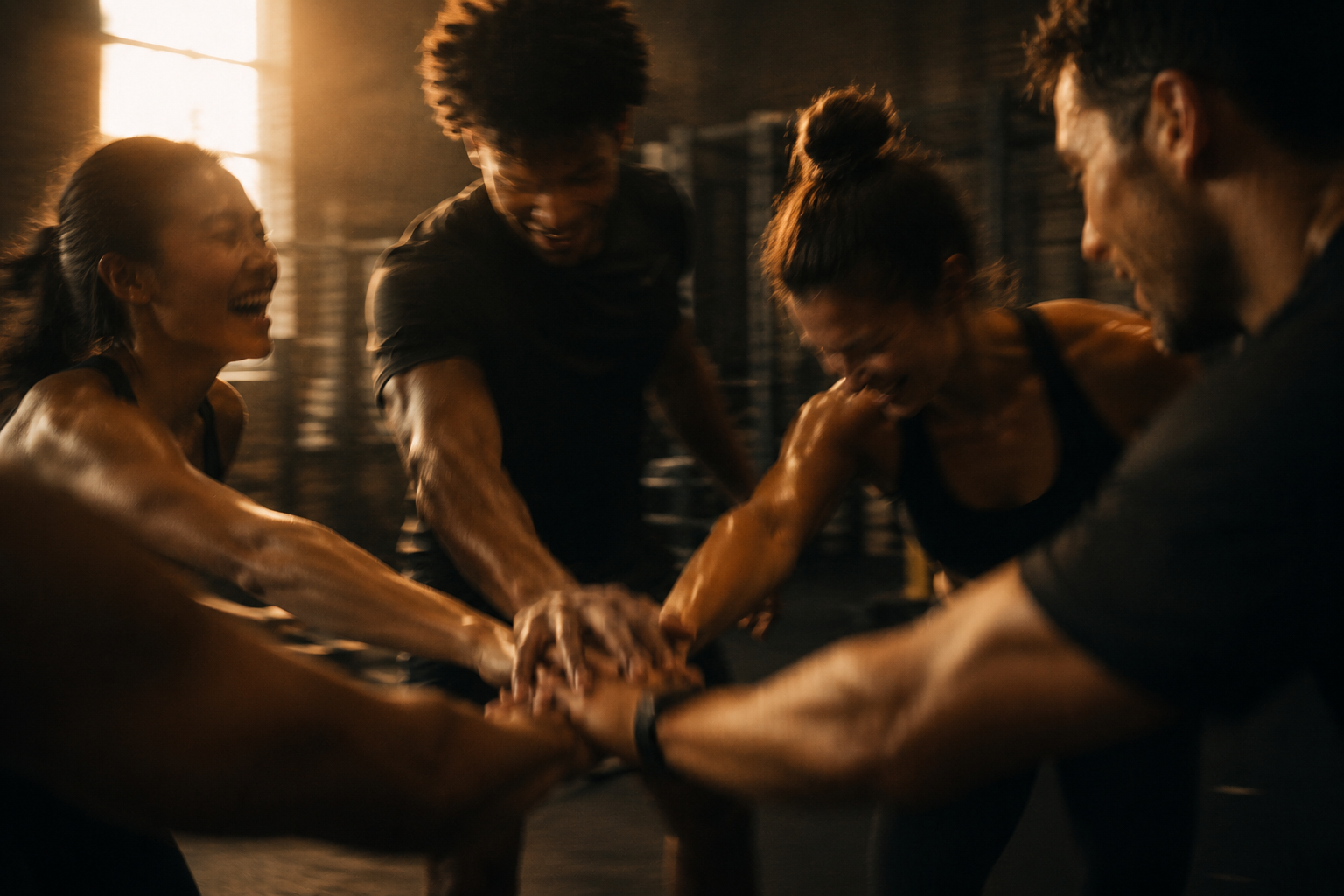 Members celebrating together after a coached small-group training session at Rose Up Fitness.