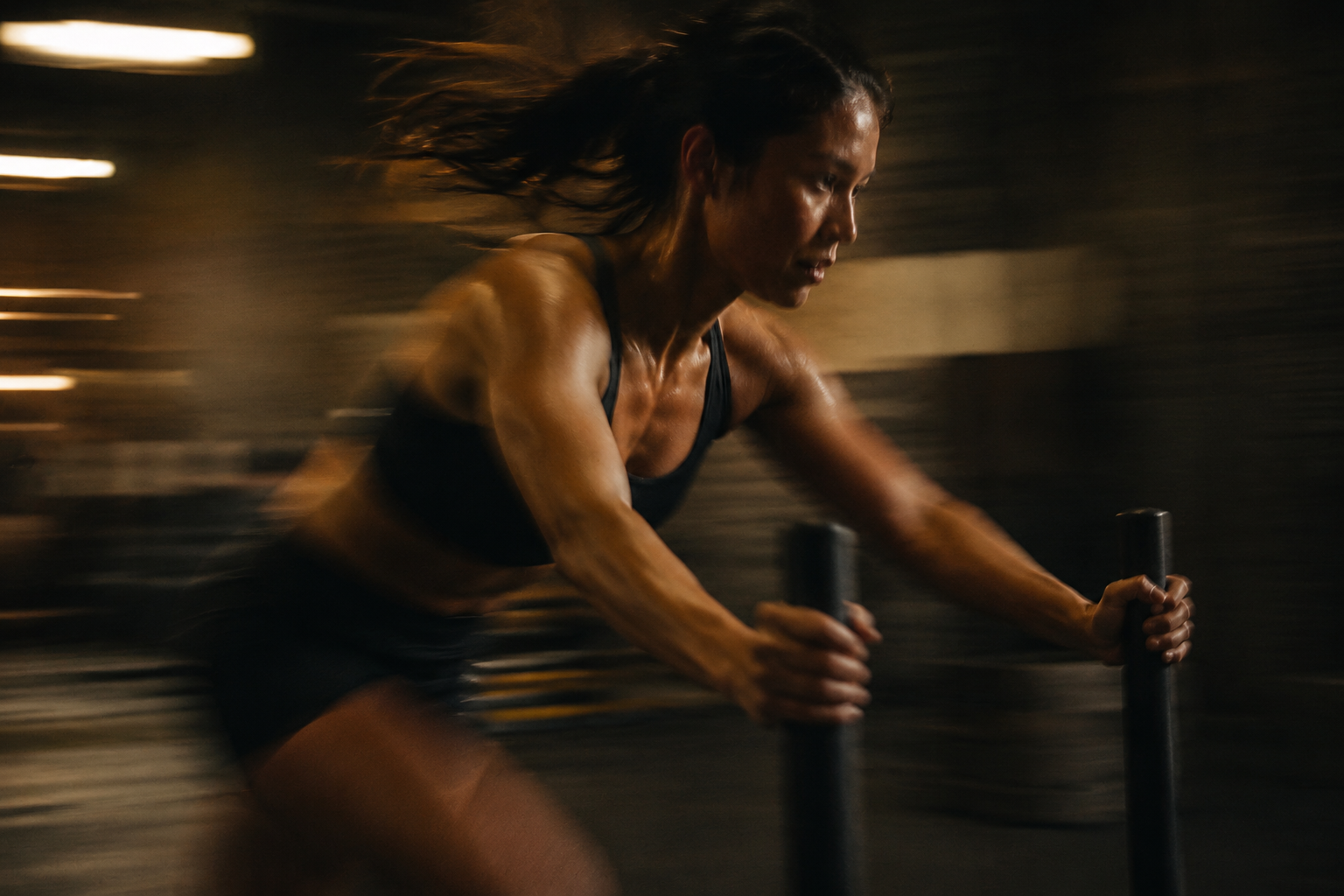 Woman performing a sled push during a strength and conditioning workout.