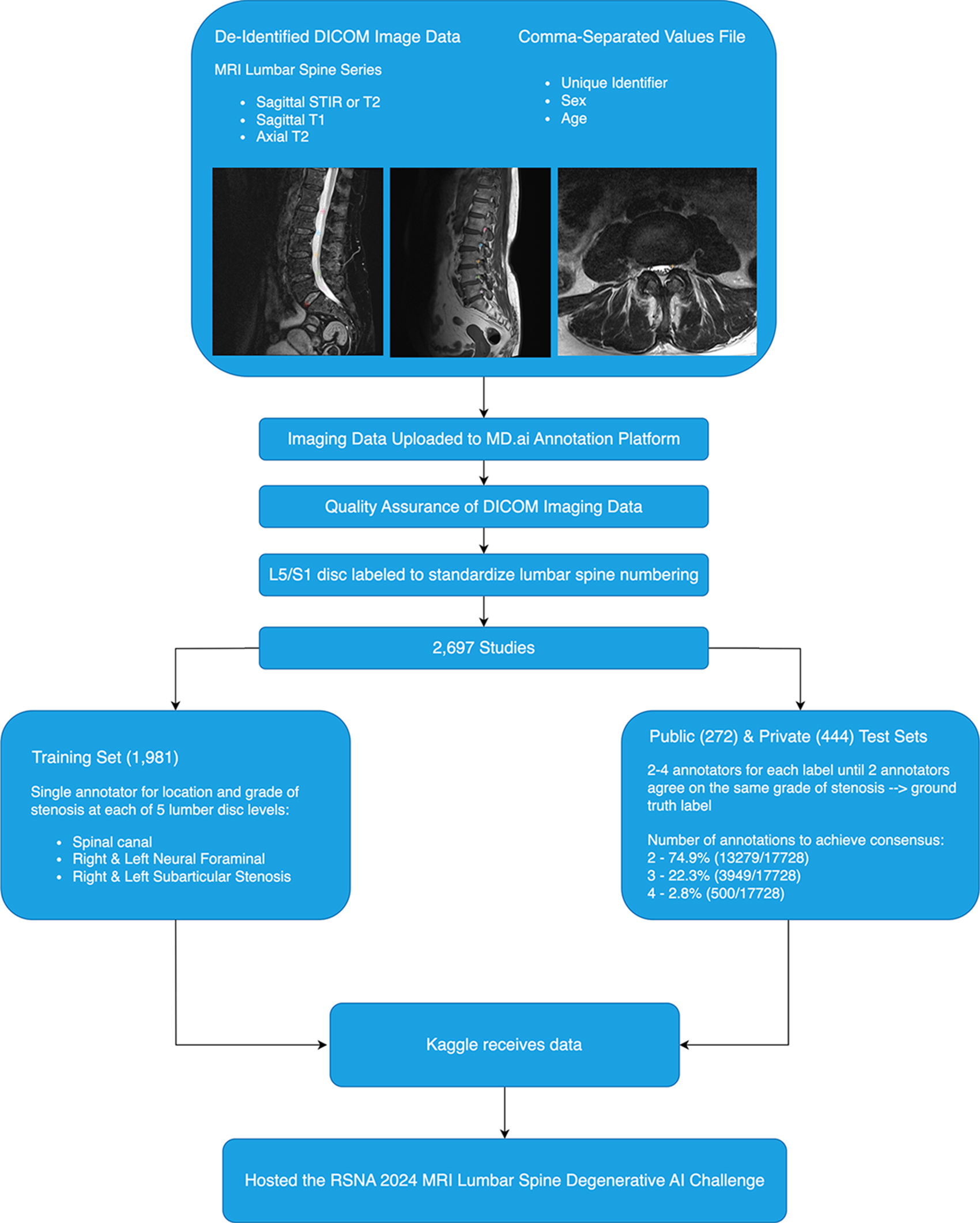 Flowchart shows a summary of the data acquisition, curation, and annotation process. AI = artificial intelligence, DICOM