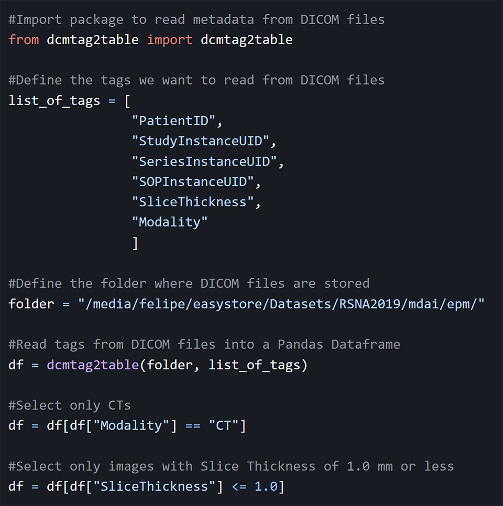 Python script demonstrates how to read metadata from Digital Imaging and Communications in Medicine (DICOM) files and th