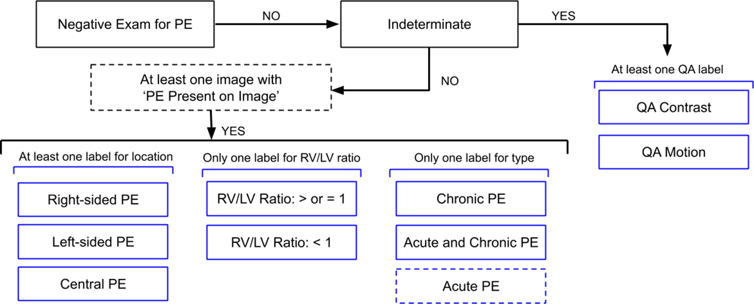 Study-level label schema. If a study had at least one image annotated as PE Present on Image, the study had additional l