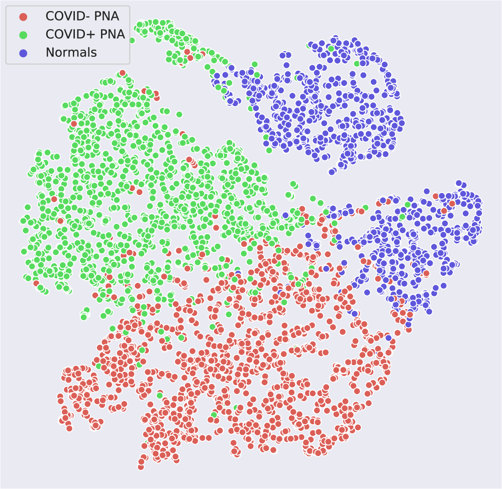Two-dimensional manifold of features generated using t-distributed stochastic neighbor embedding (TSNE) on the DCD model