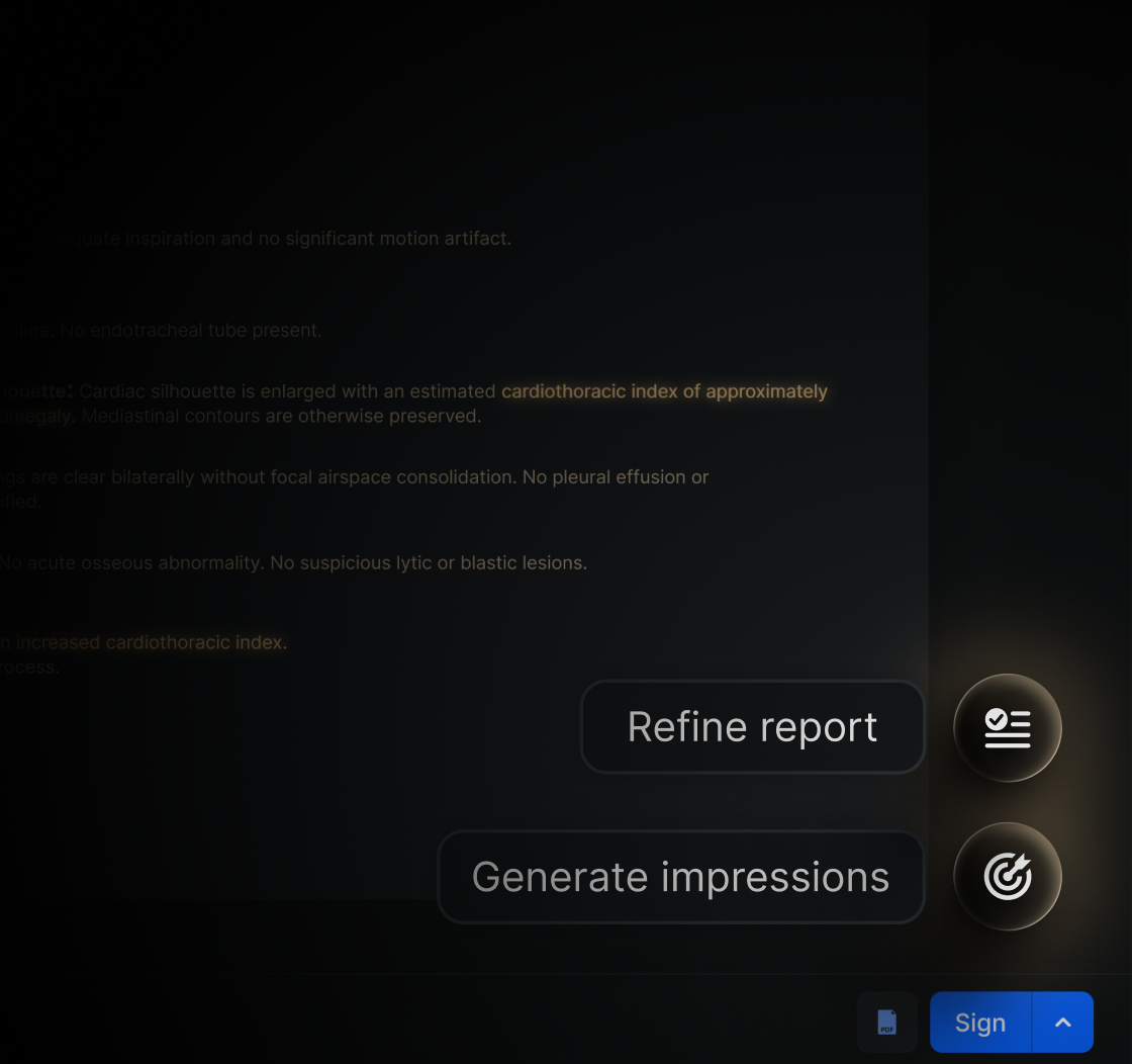 Refine report and Generate impressions quick actions in Eden PACS