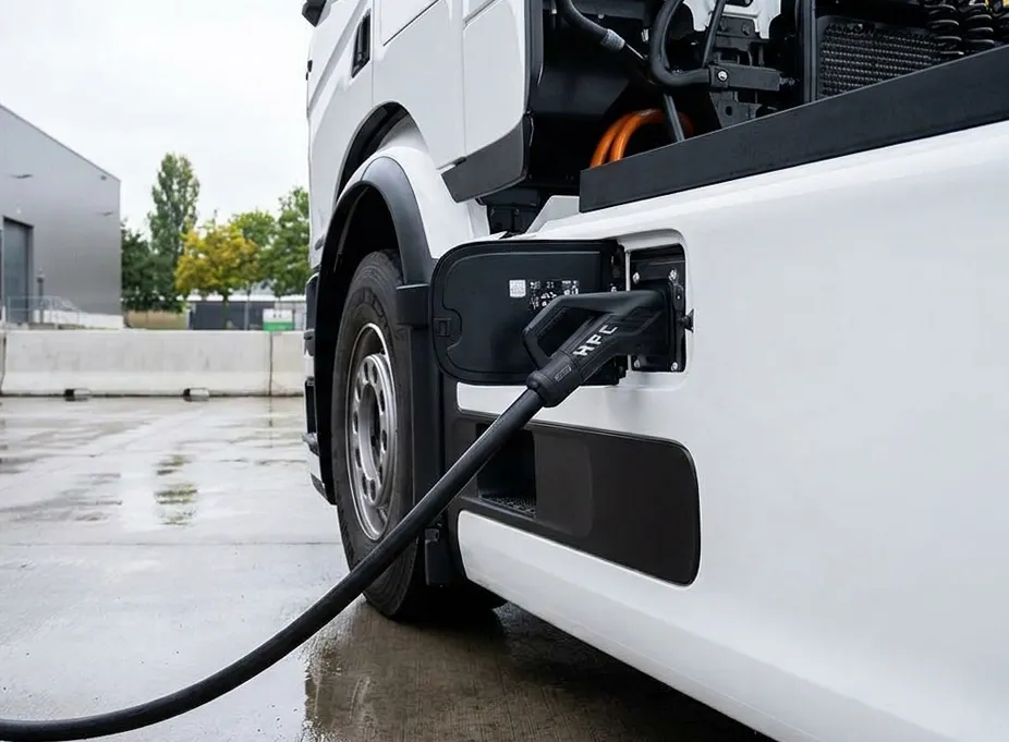 Elektrischer Lastwagen an ESG Ladestation mit Ladekabel im industriellen Außenbereich.