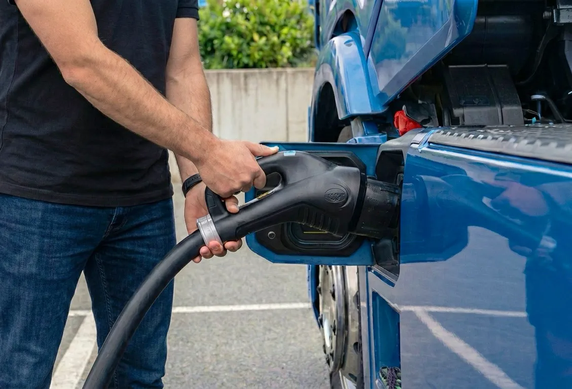 Mann lädt ein blauen E-Lkw mit einer ESG Ladestation.