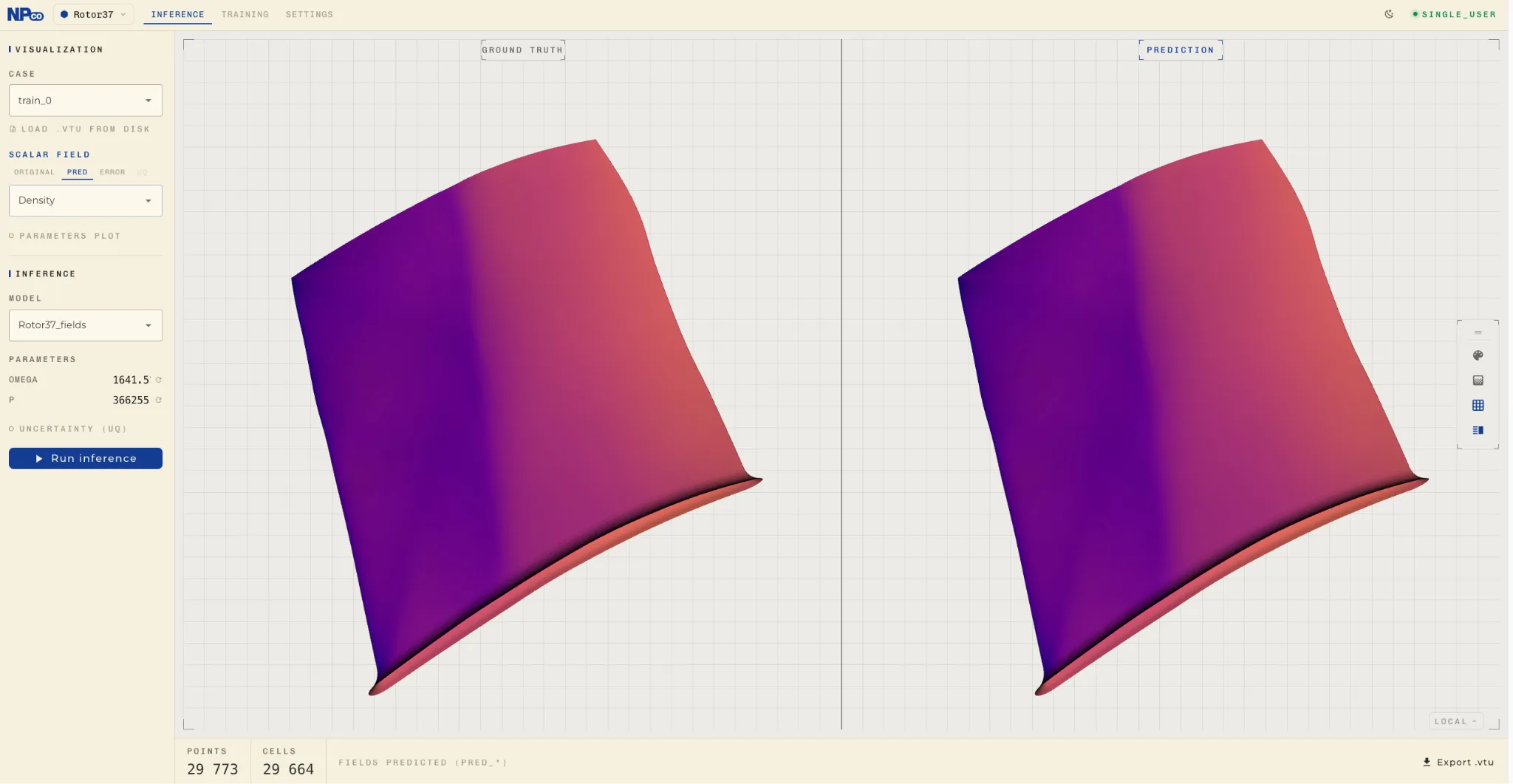 Ground truth and predicted density fields on the Rotor37 blade, side by side
