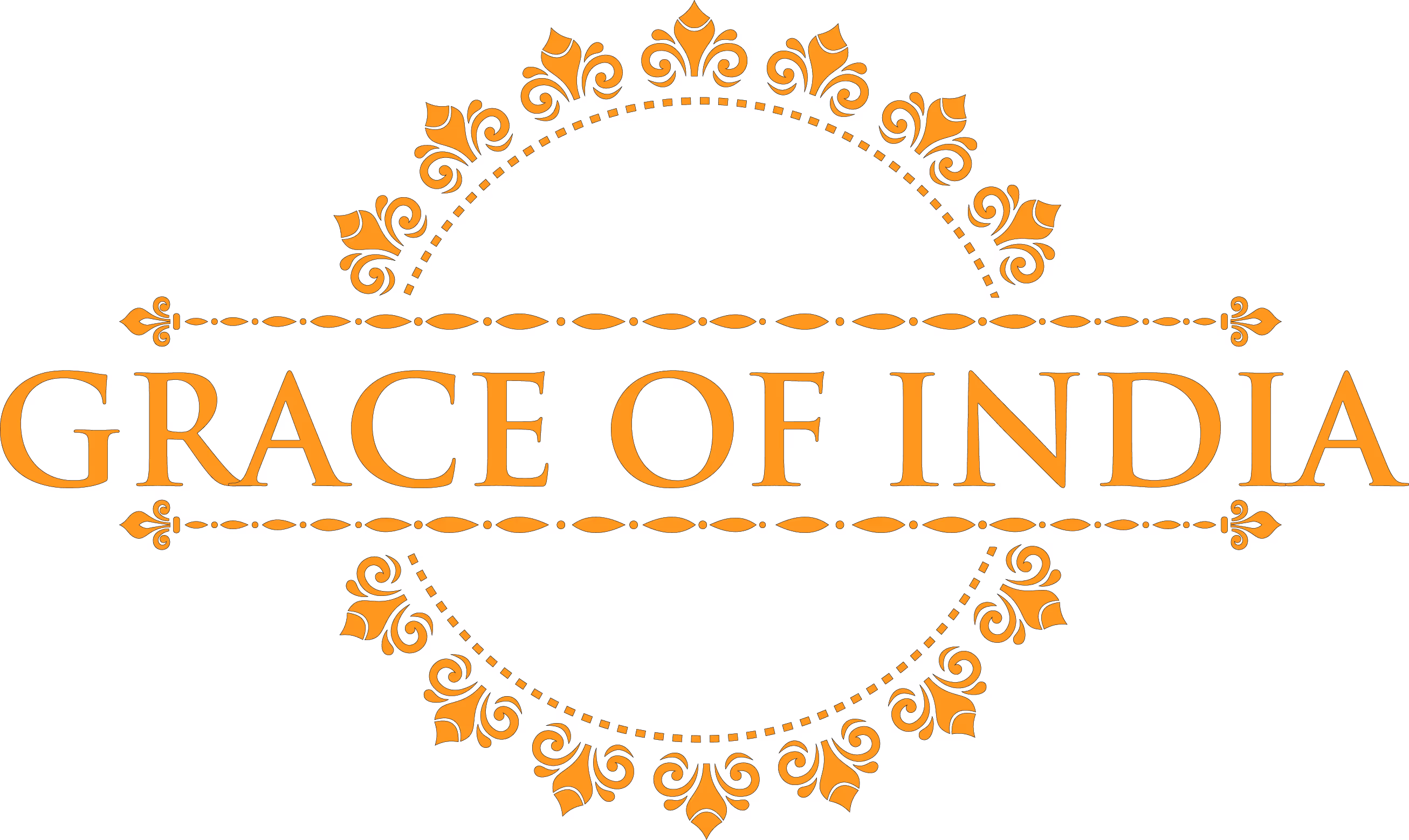 Grace of India text with an orange decorative floral circular border on black background.