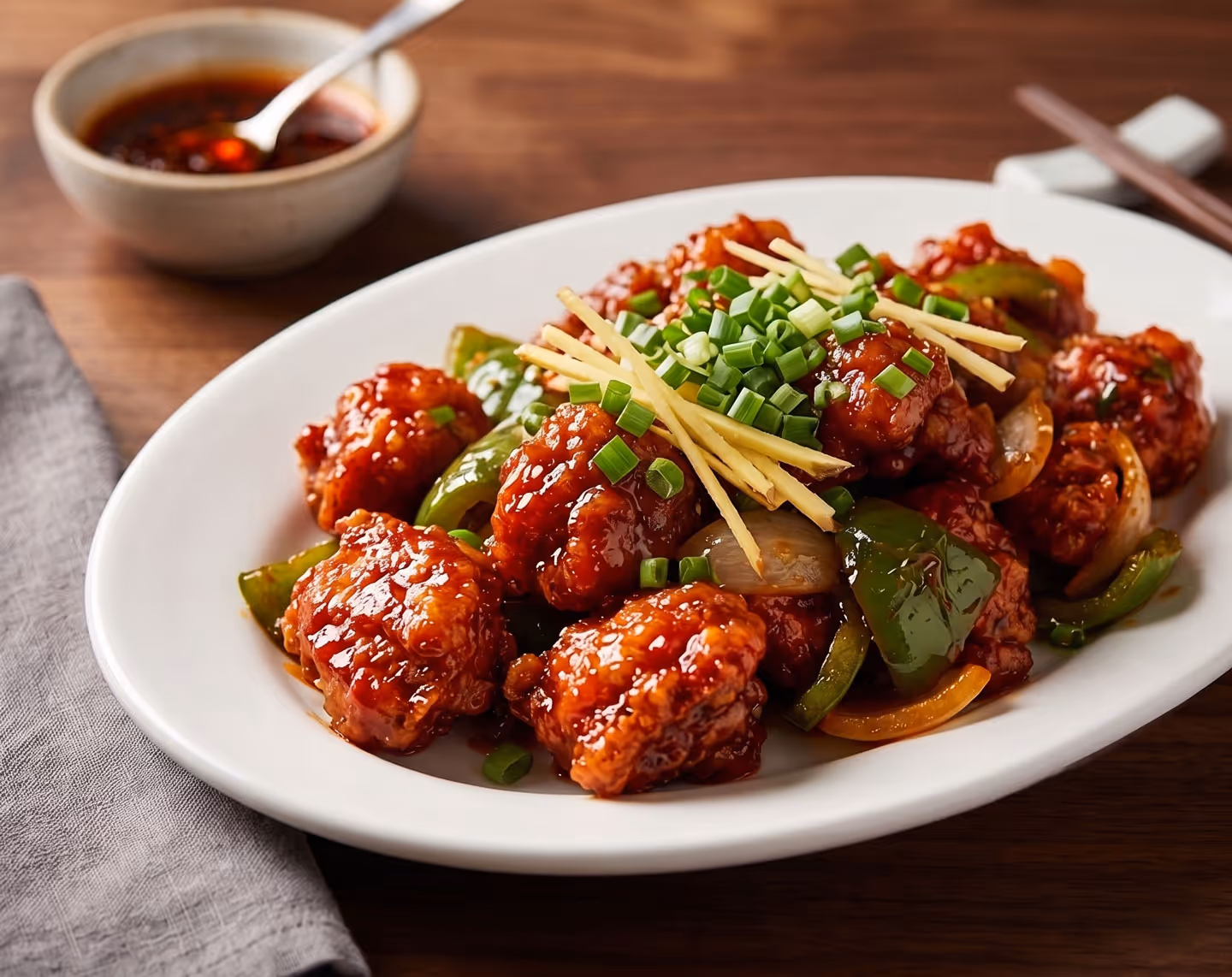 Plate of glazed crispy chicken with green bell peppers, onions, garnished with ginger and chives.